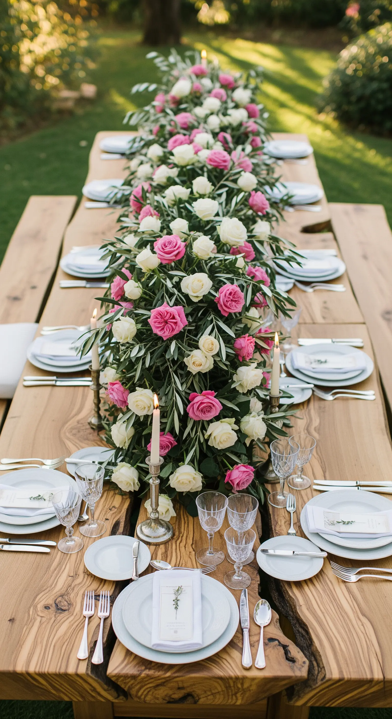 Lange Tischgirlande aus rosa, weißen Rosen und Olivenzweigen auf einem Holztisch