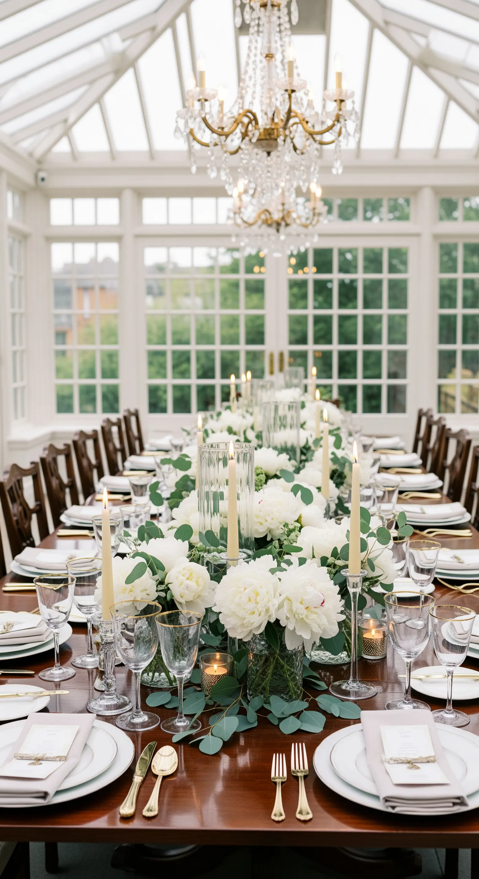 Üppige weiße Blütenarrangements mit Kerzen auf dunklem Holztisch