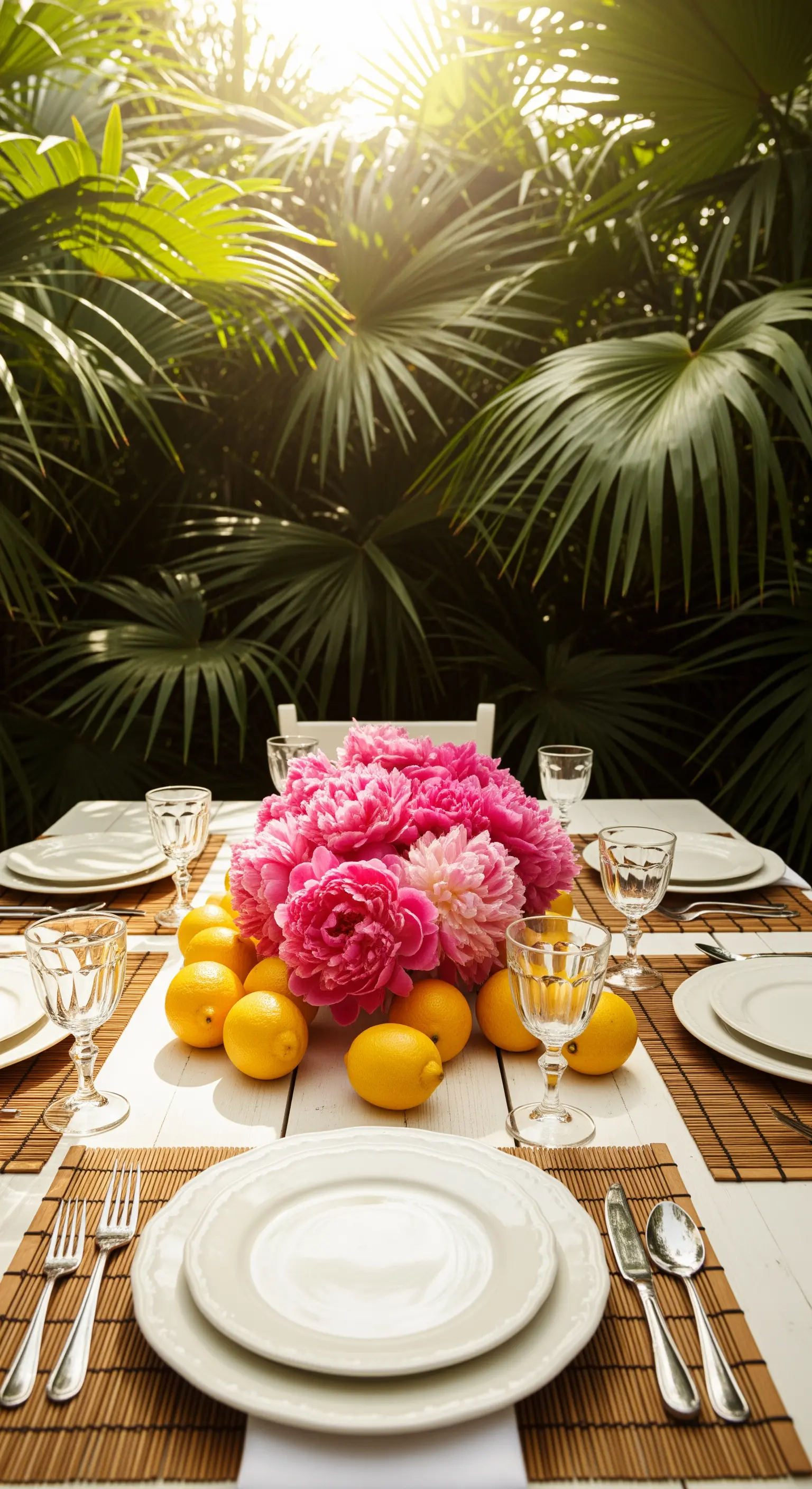 Tropischer Brunchtisch mit rosa Pfingstrosen, Zitronen auf Bambus-Platzmatten unter Palmen