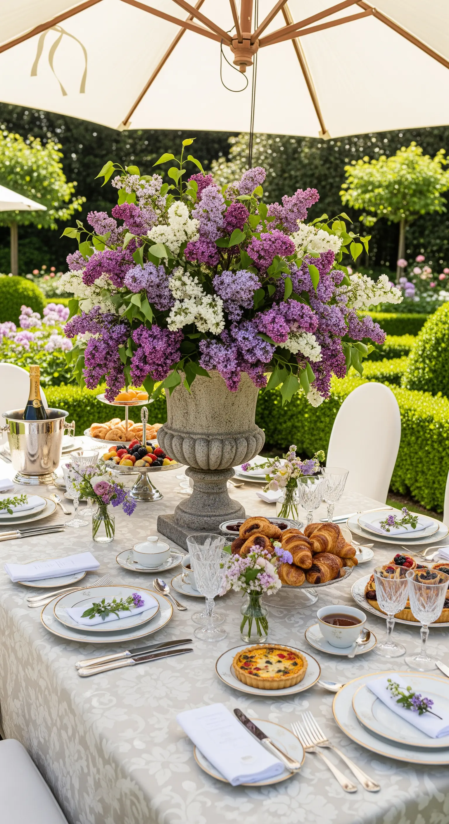 Große Urnenvase mit Fliederblüten auf einer festlichen Gartentafel