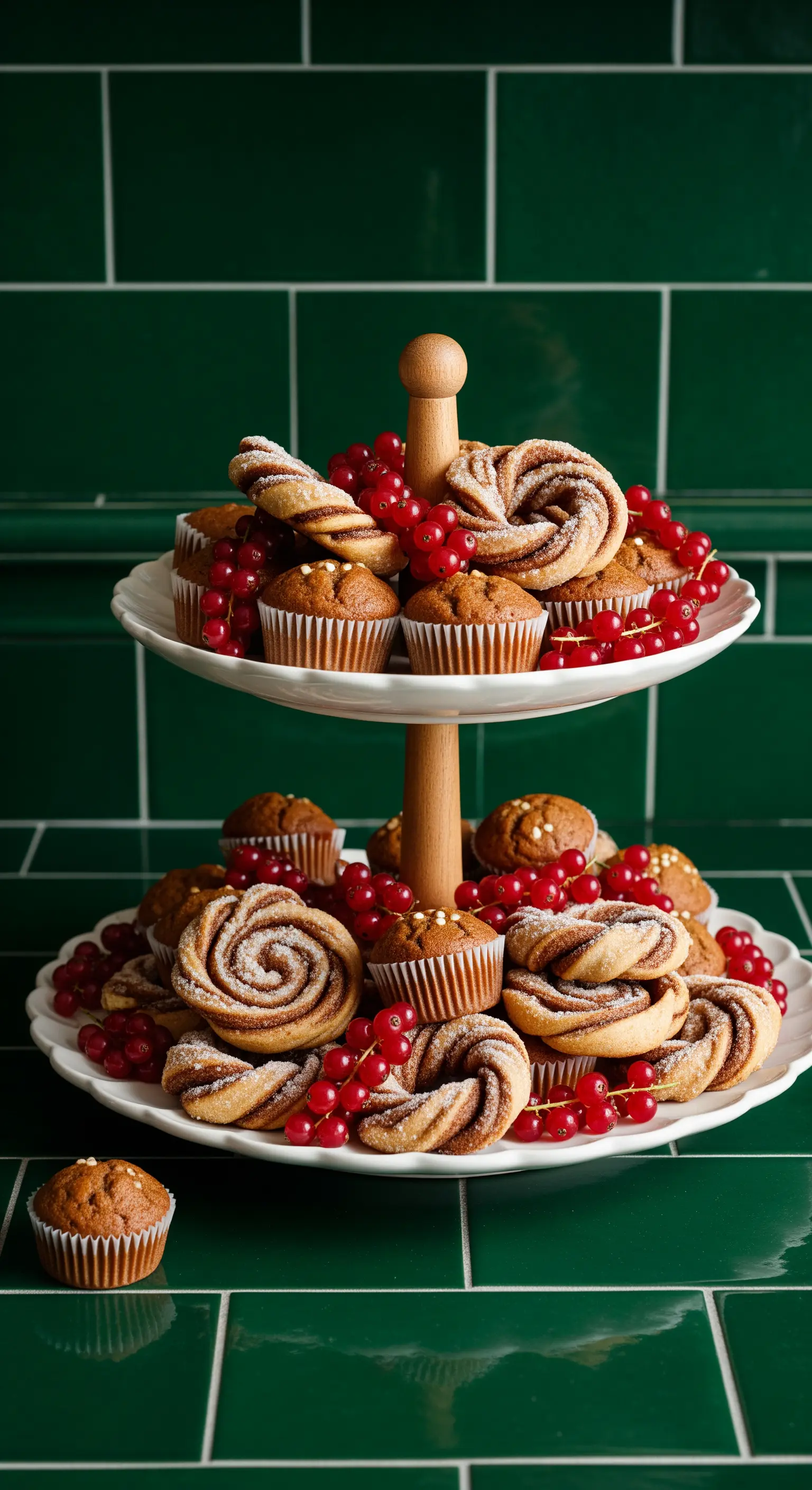 Weiße Etagere voll mit Zimtschnecken und Johannisbeeren.