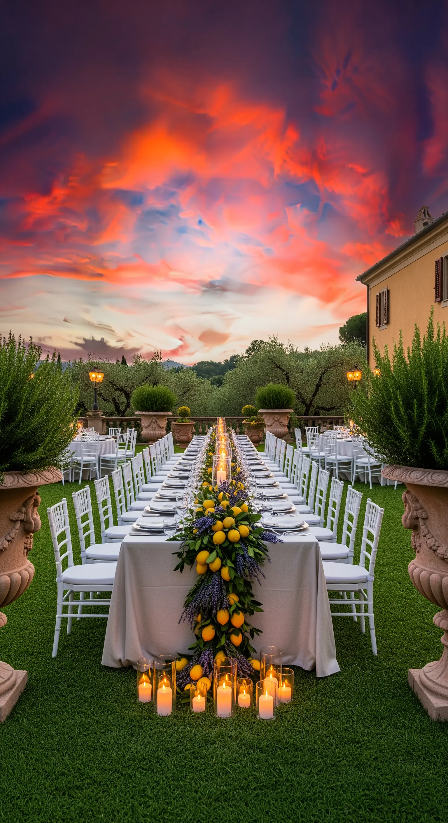 Lange Tafel mit üppiger Girlande aus Lavendel und Zitronen, vielen Kerzen