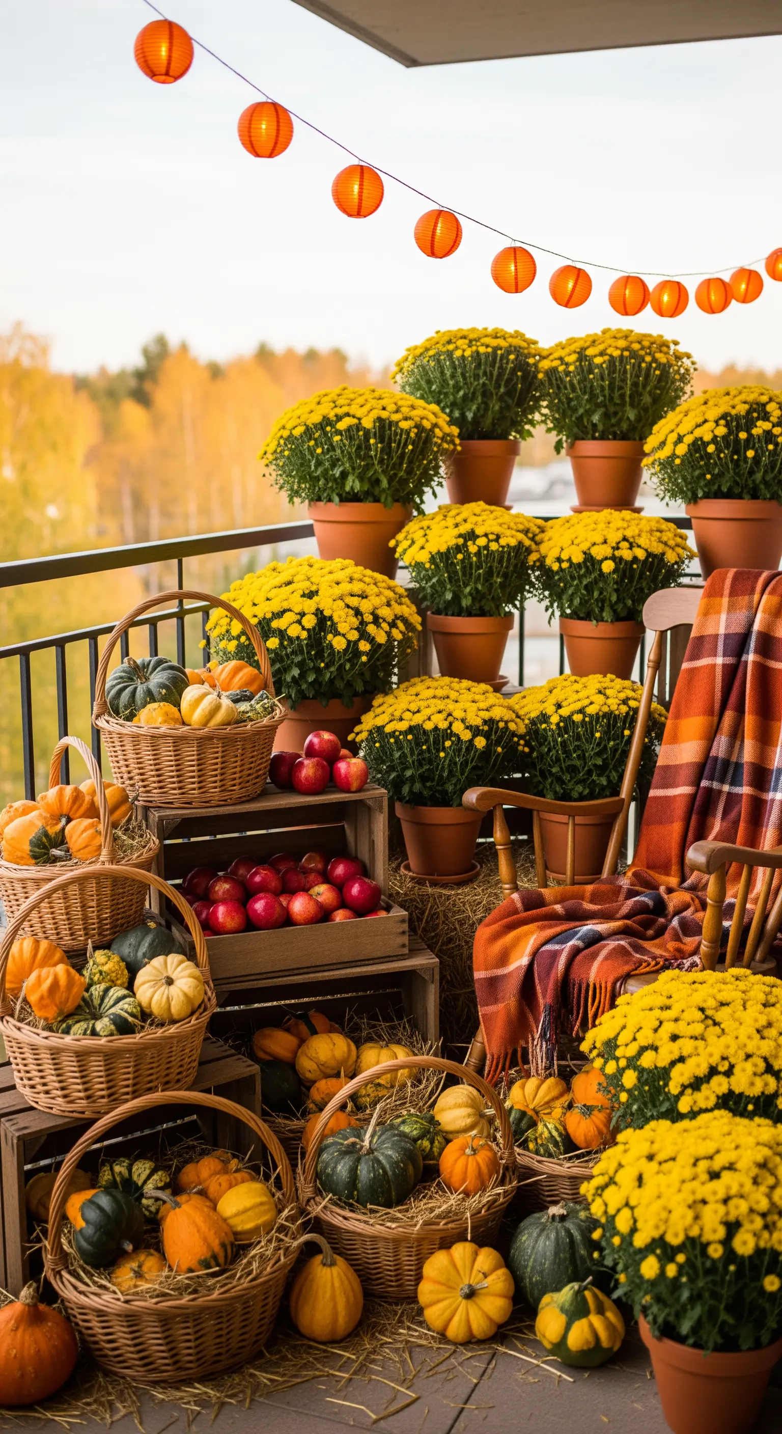 Balkon mit Chrysanthemen-Stufen, Körben voller Kürbisse und Äpfel, Schaukelstuhl