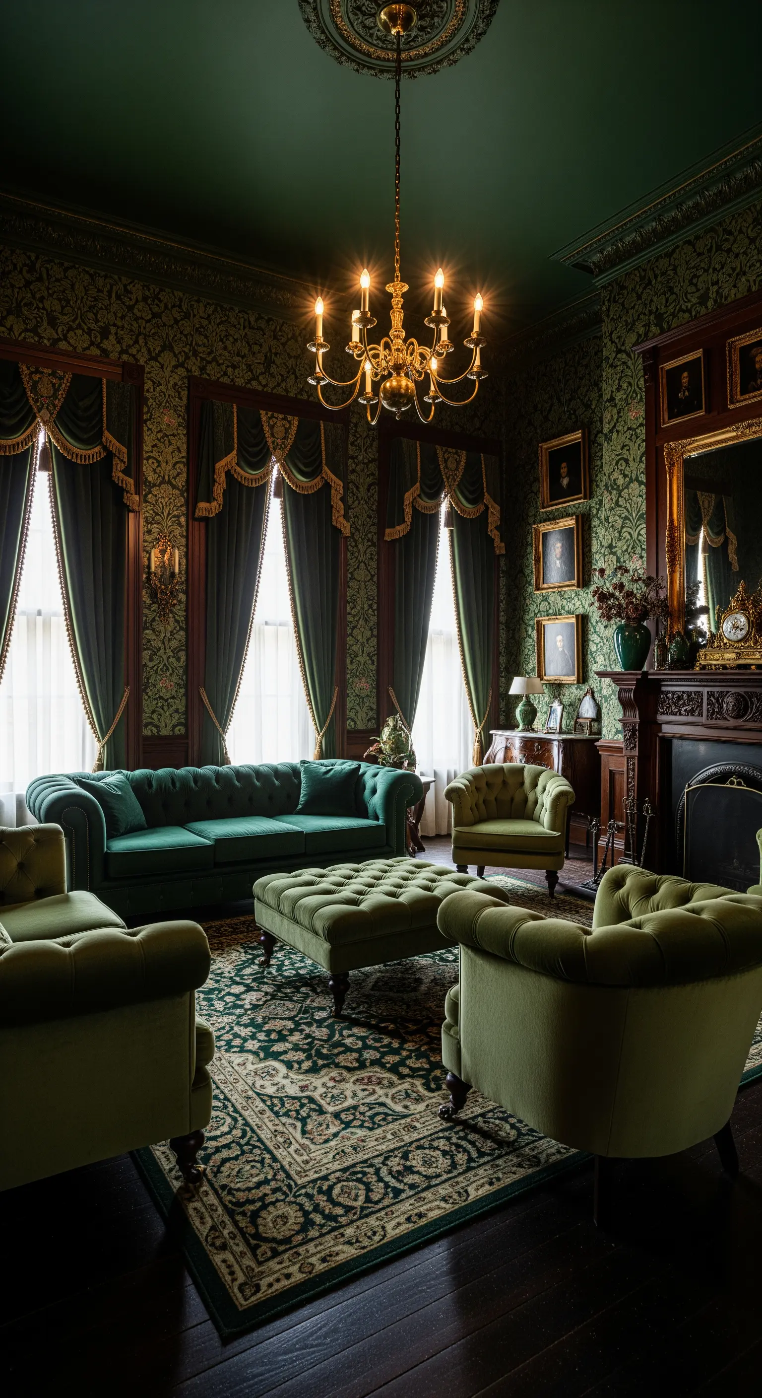 Grüne Damasttapete, Samtvorhänge, Chesterfield-Sofa, Perserteppich