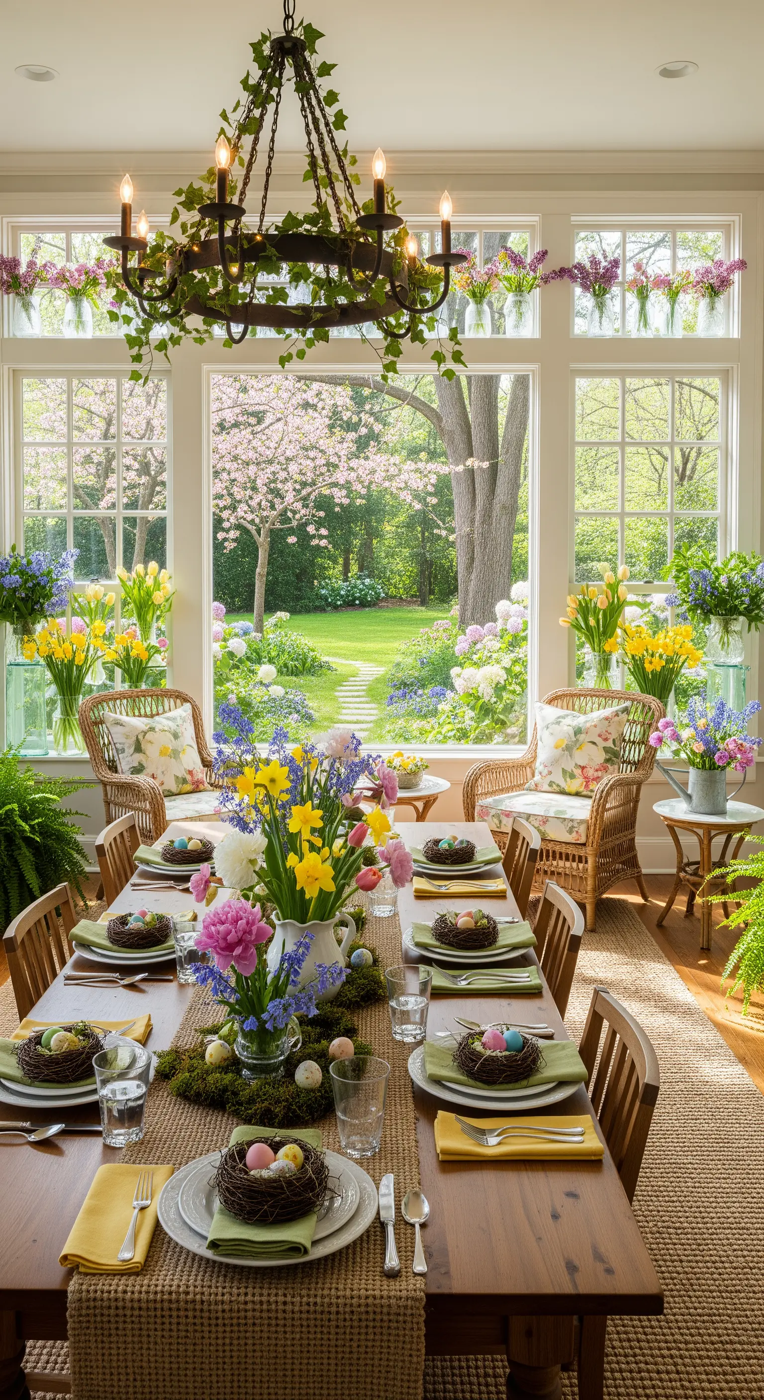 Großer Esstisch mit Grasläufer, Frühlingsblumen, Vogelnest-Settings und Kronleuchter.