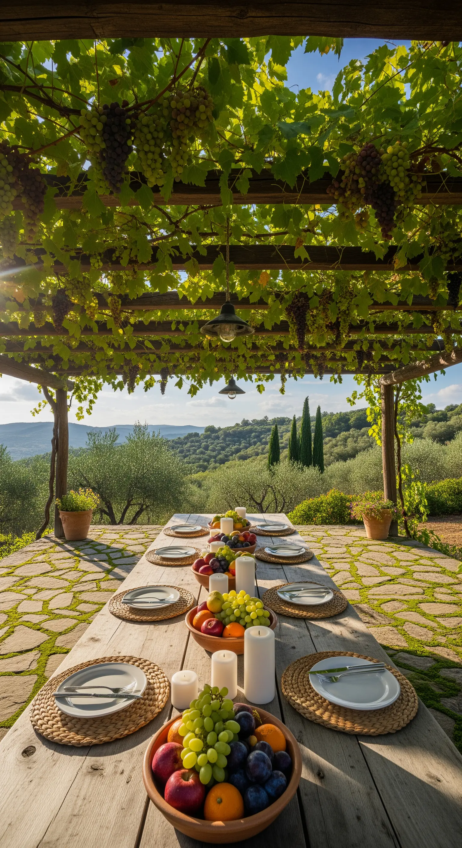 Pergola-Tafel mit Obstschalen, Korbflecht-Untersetzern und weißen Stumpenkerzen