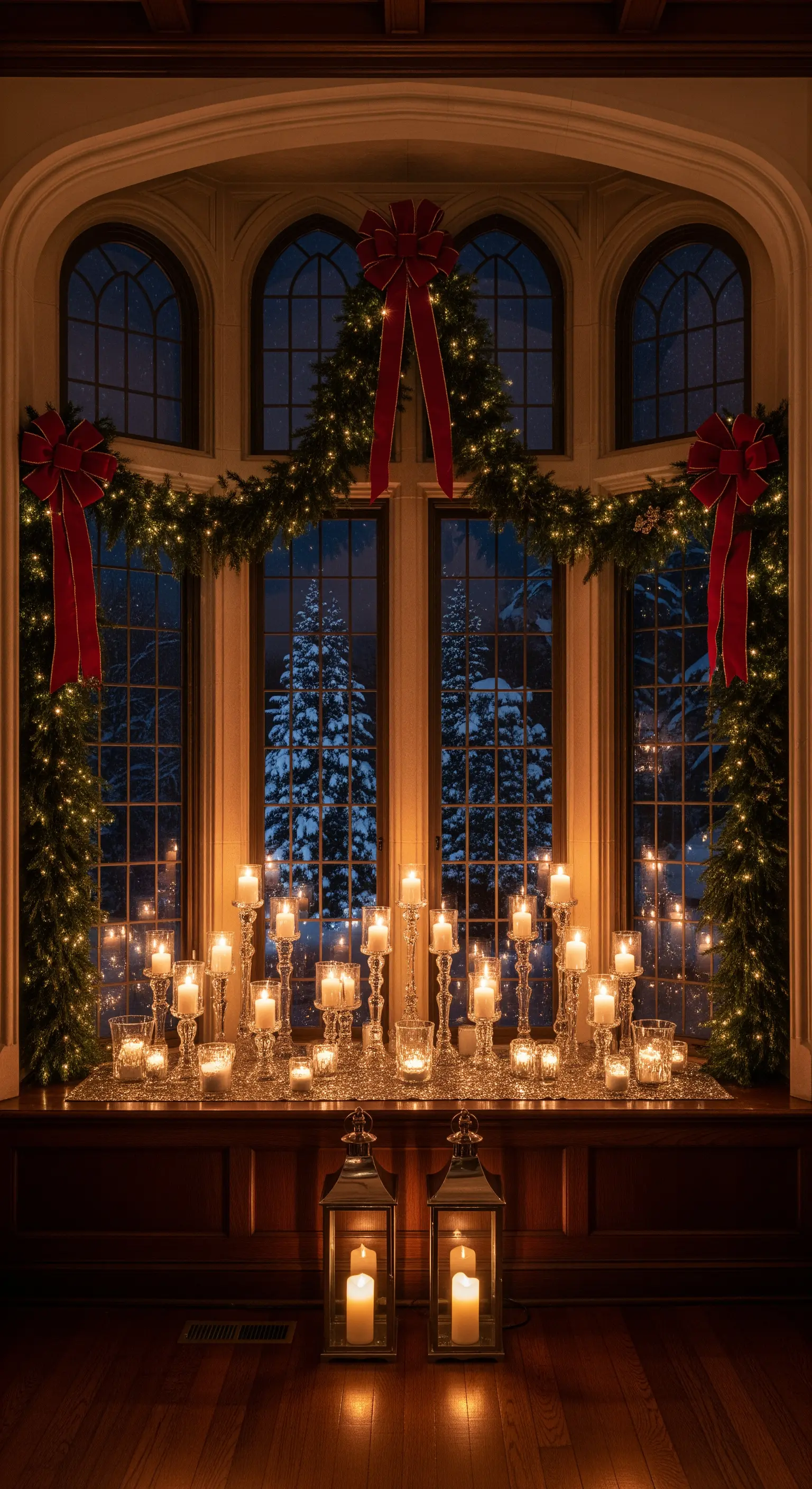 Große Fensterfront mit üppigem Lichtermeer aus Kerzen, Tannengirlanden und roten Schleifen