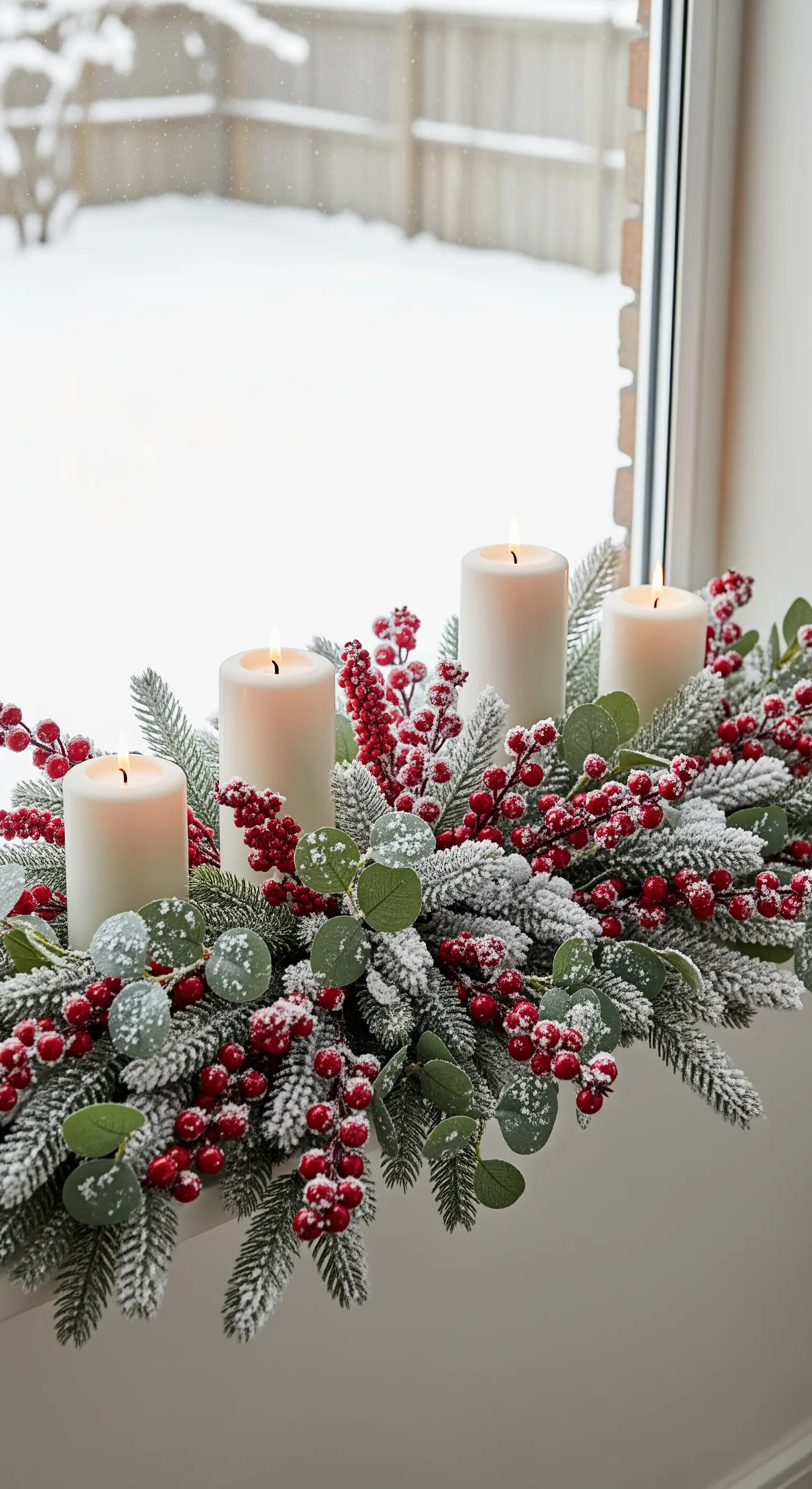 Vier weiße Kerzen in einer dichten Girlande aus roten Beeren und Eukalyptus.