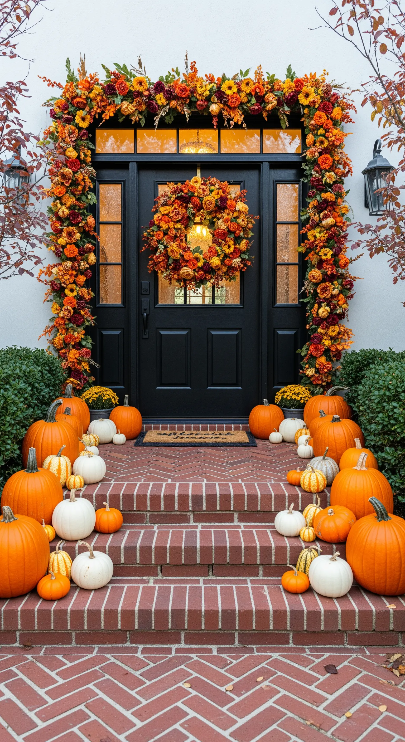 Schwarze Haustür mit opulentem Blumenbogen und einer Fülle von Kürbissen auf der Treppe