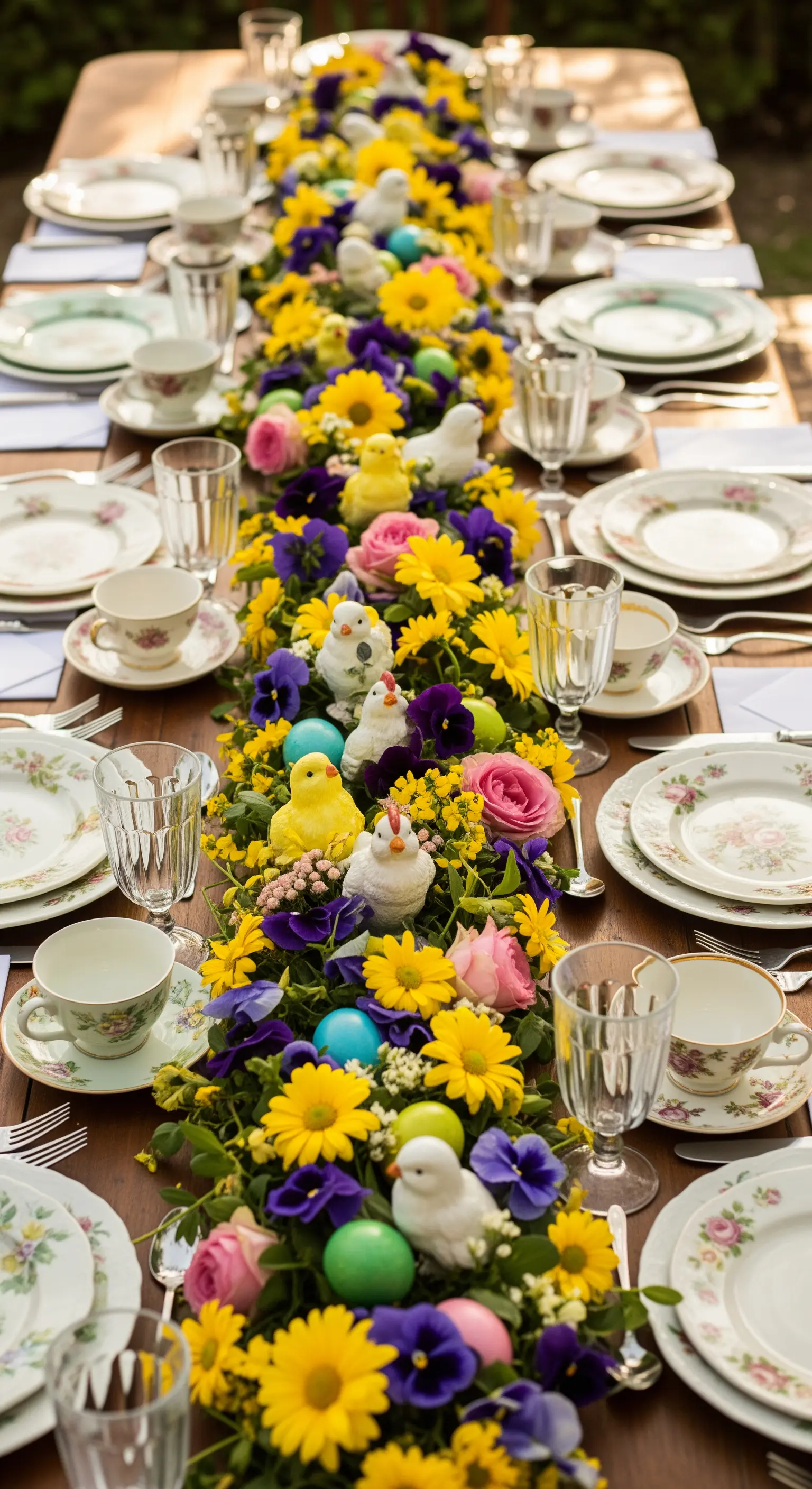 Üppiger Tischläufer aus gelben, lila und rosa Blumen mit Küken und Ostereiern.
