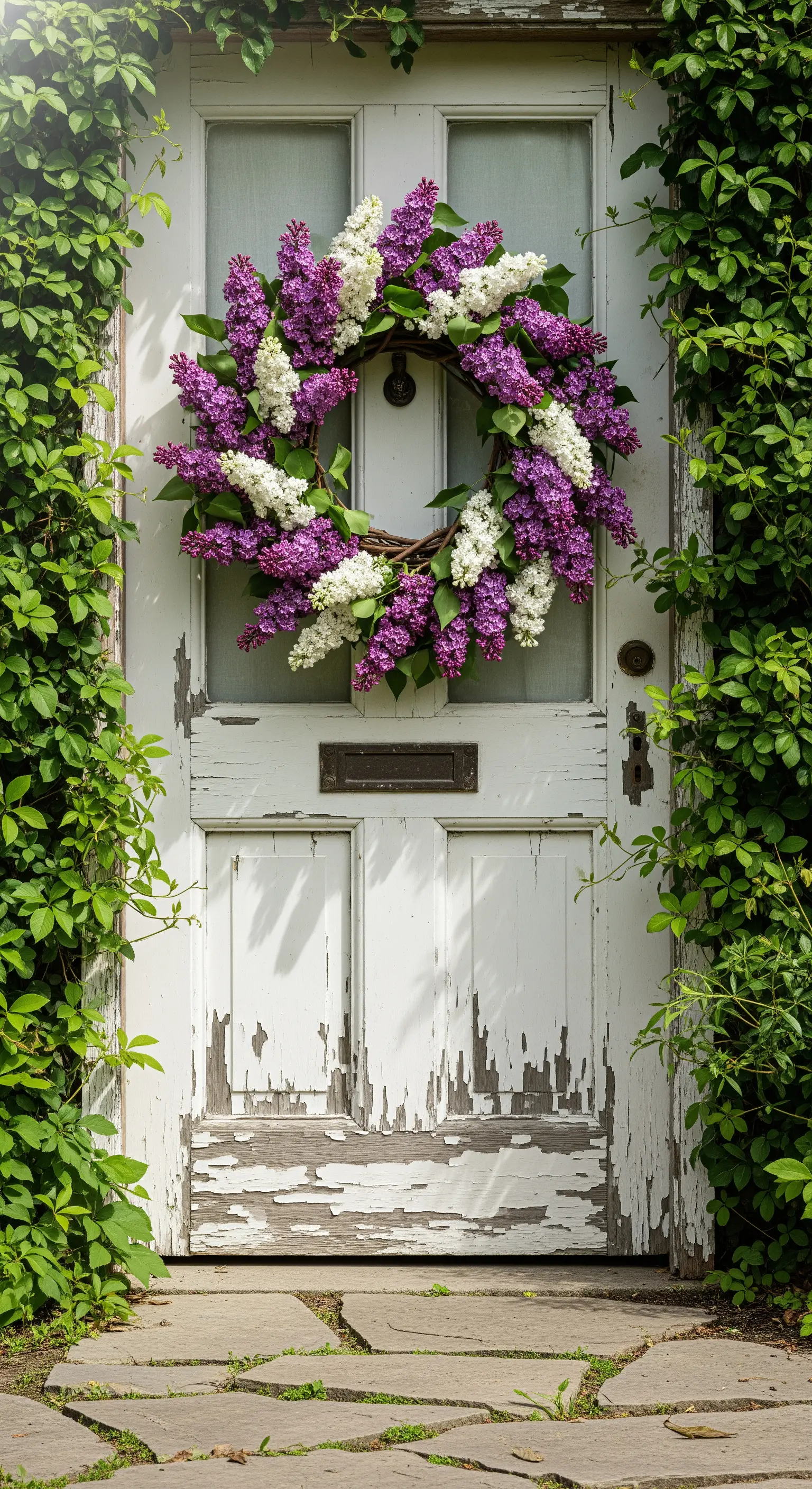 Dichter Kranz aus lila und weißen Fliederblüten auf einem Weidenkranz an einer alten, weißen Holztür.