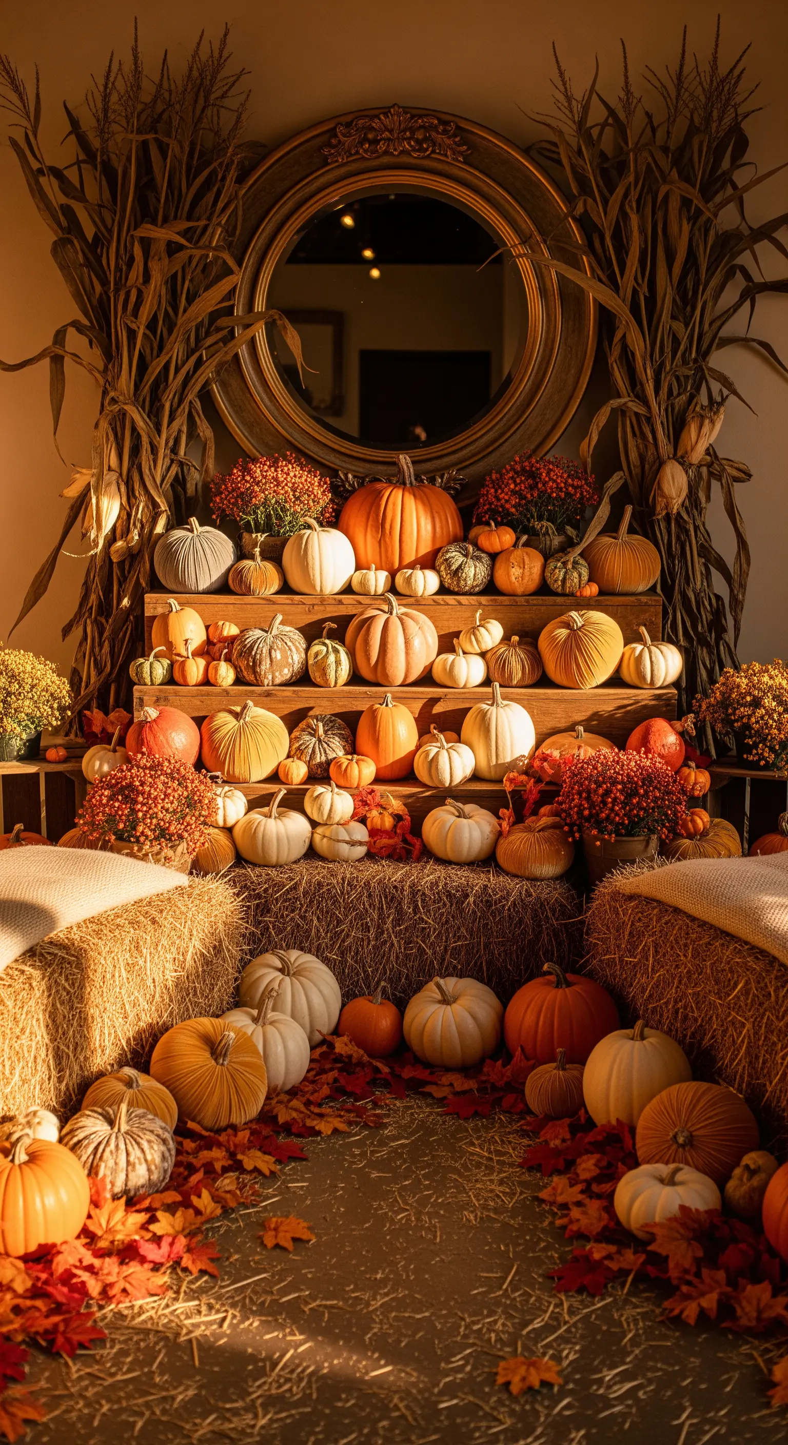 Runder Spiegel mit Maisstängeln, gestapelten Kürbissen und Herbstblättern