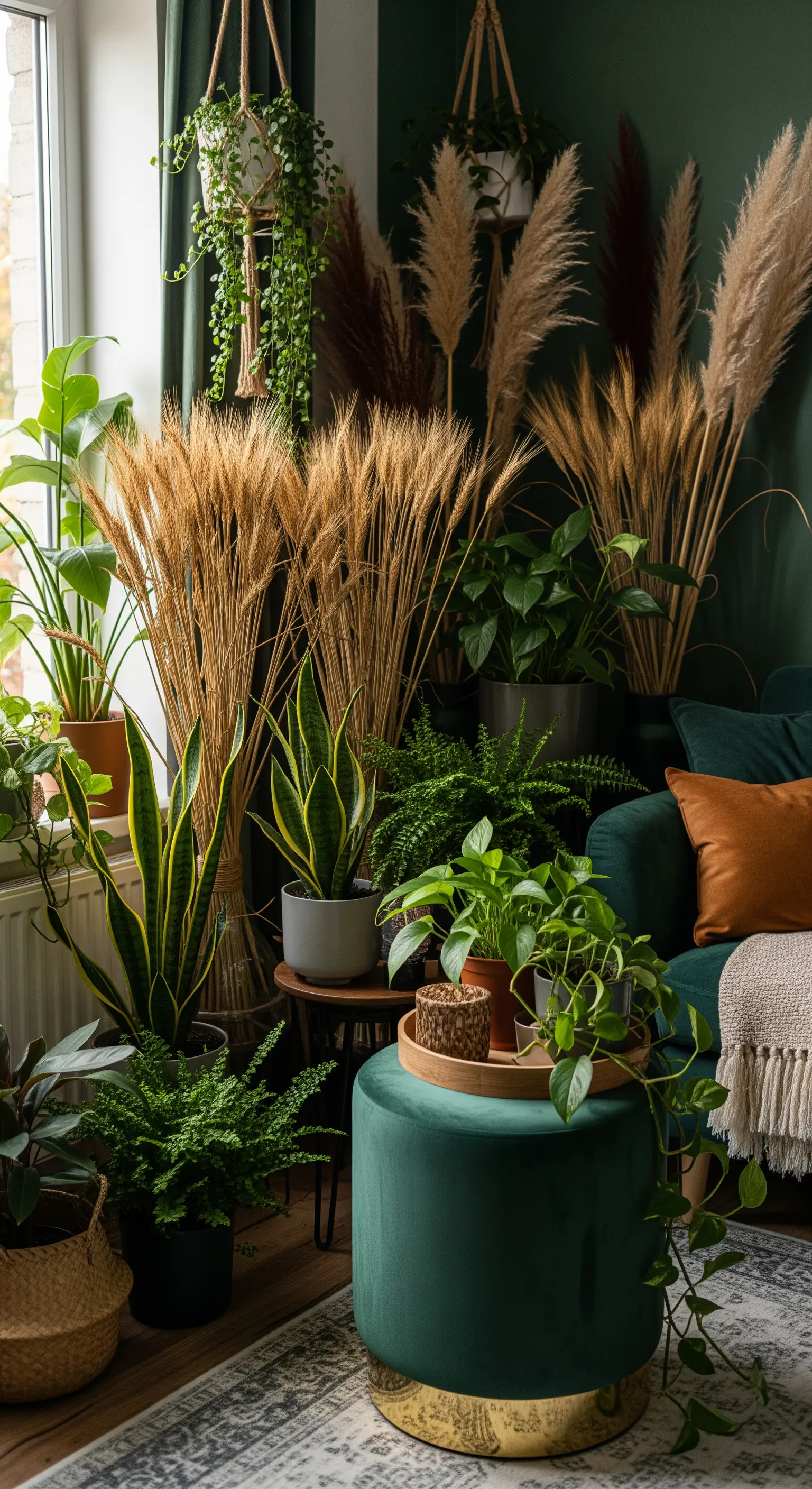 Dschungel-Wohnzimmer mit vielen Pflanzen und grüner Wand.