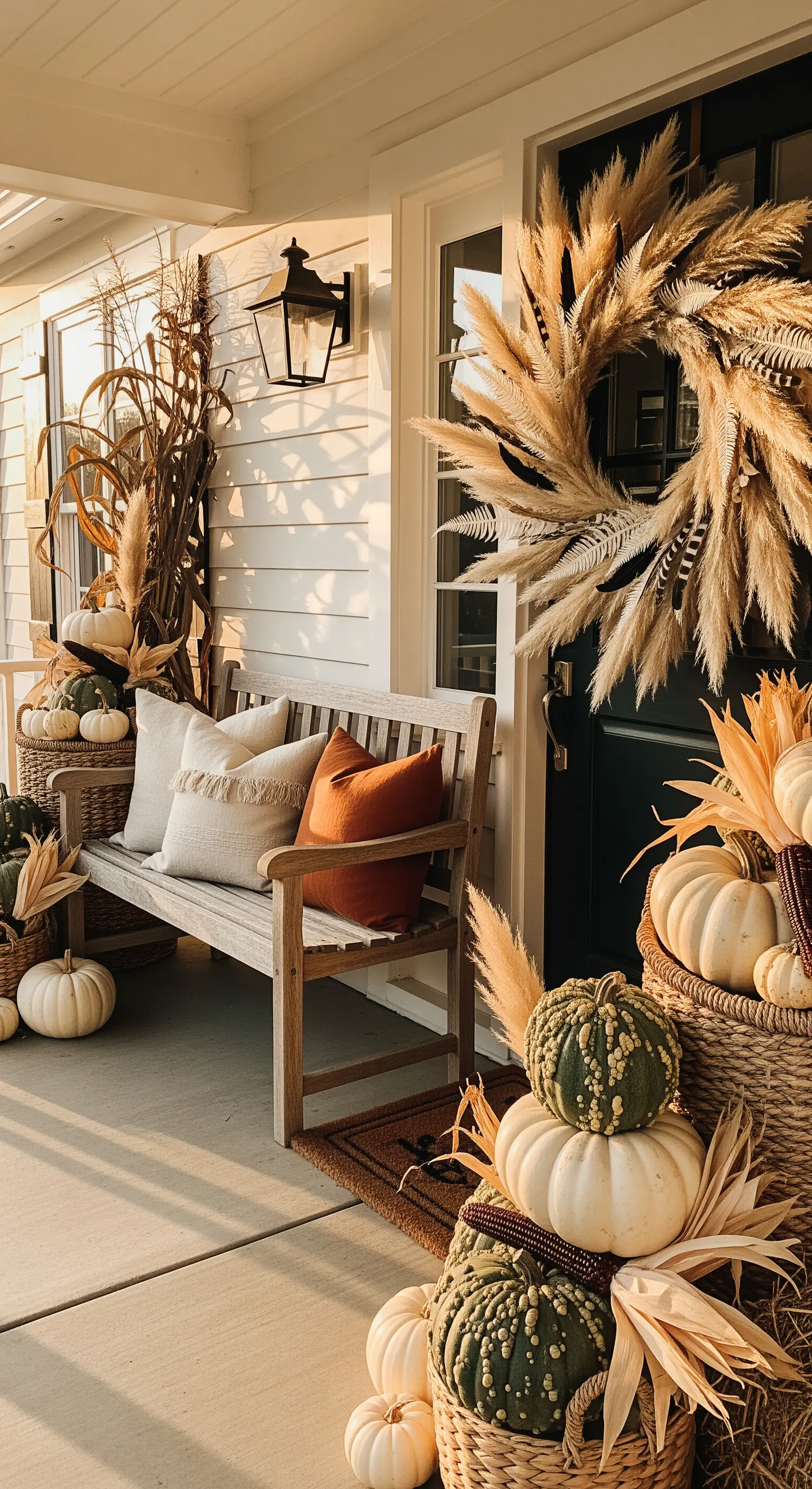 Eingangsbereich mit Pampasgras-Kranz, Kürbissen in Körben und Kissen.