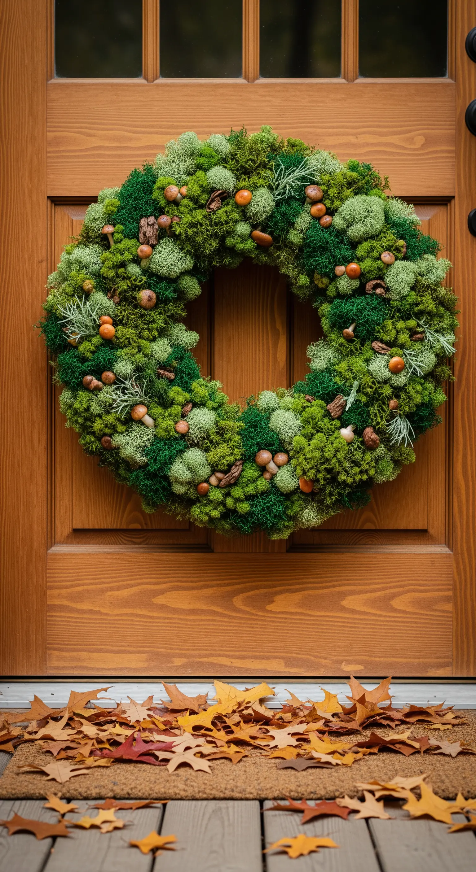 Holztür mit dichtem Moos-Kranz, verziert mit Eicheln und Pilzen