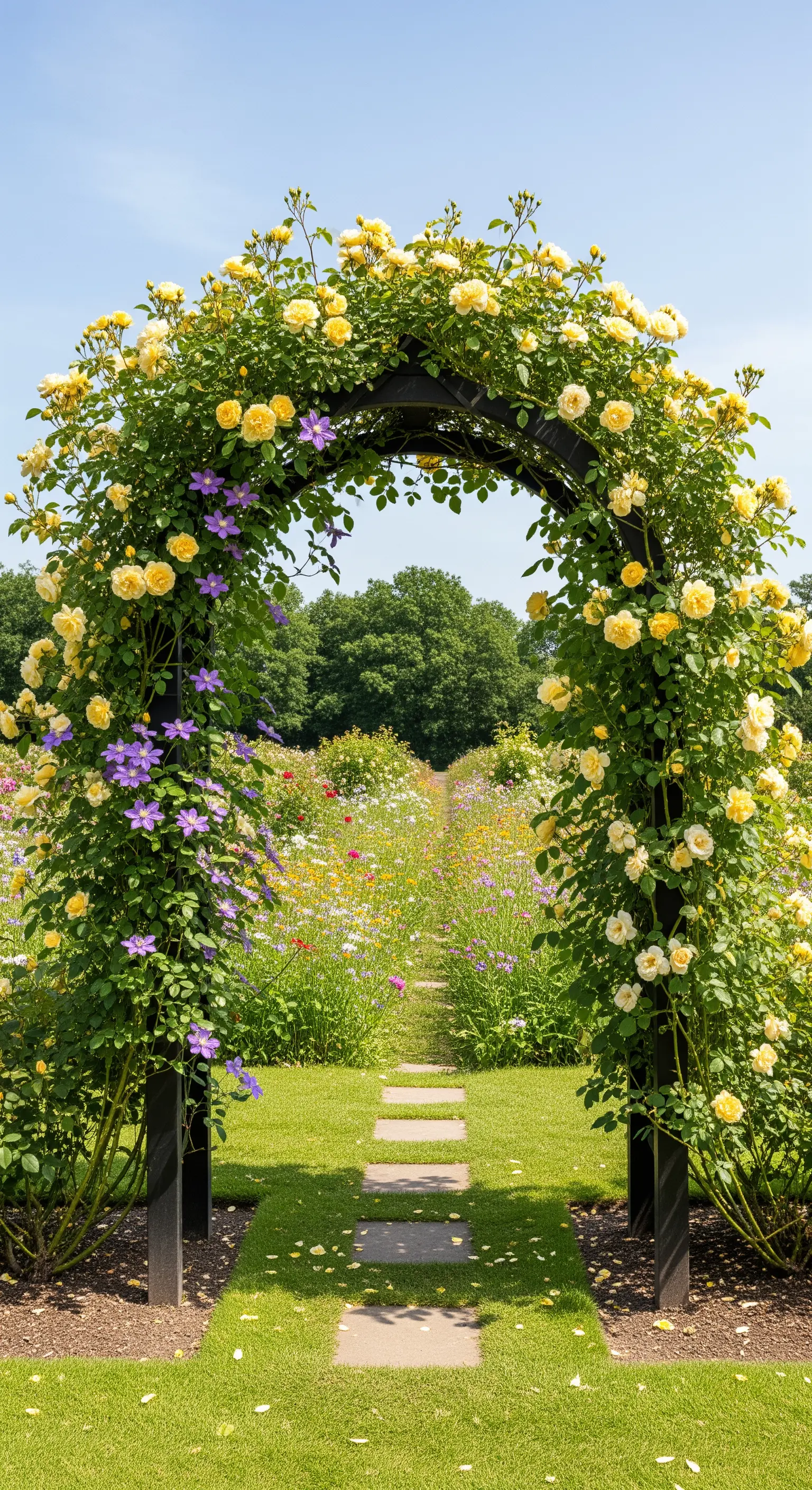 Dunkler Rosenbogen mit gelben Kletterrosen und violetten Clematis, führt zu einem Blumenfeld.