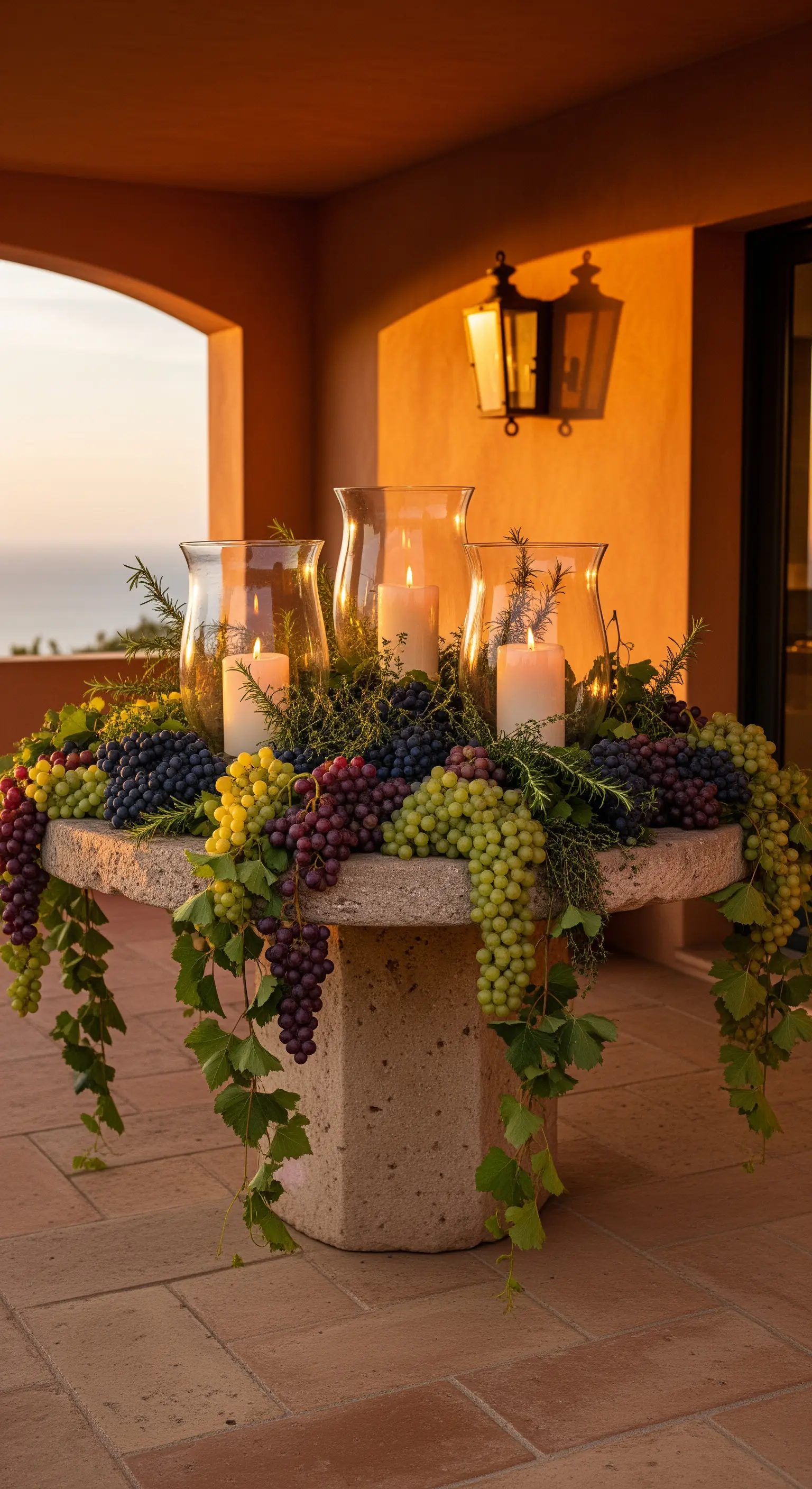 Steintisch mit herabhängenden Trauben, Weinranken und Kerzen in Windlichtern