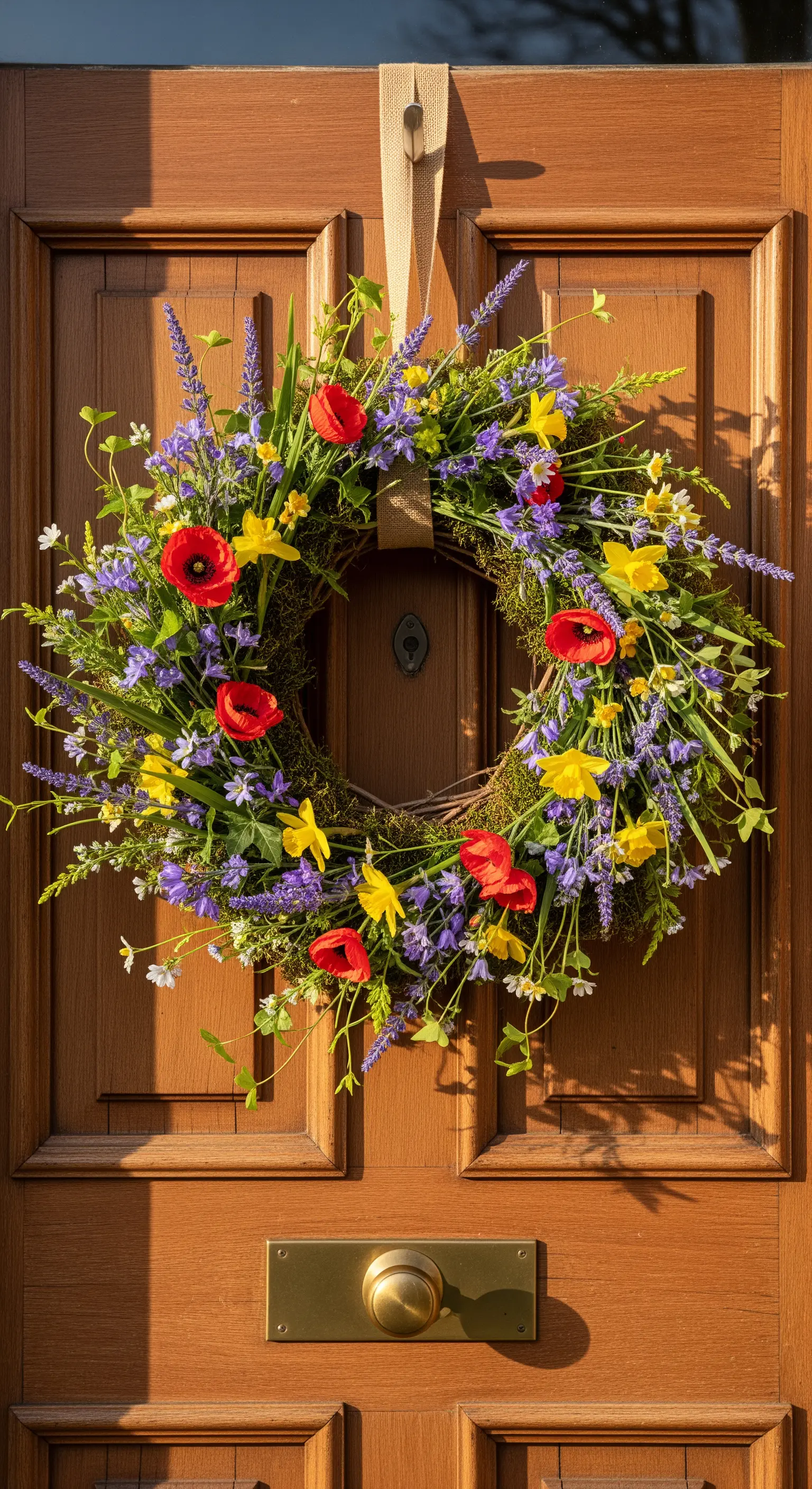Farbenfroher Wildblumenkranz mit Mohn, Narzissen, Glockenblumen an Holztür