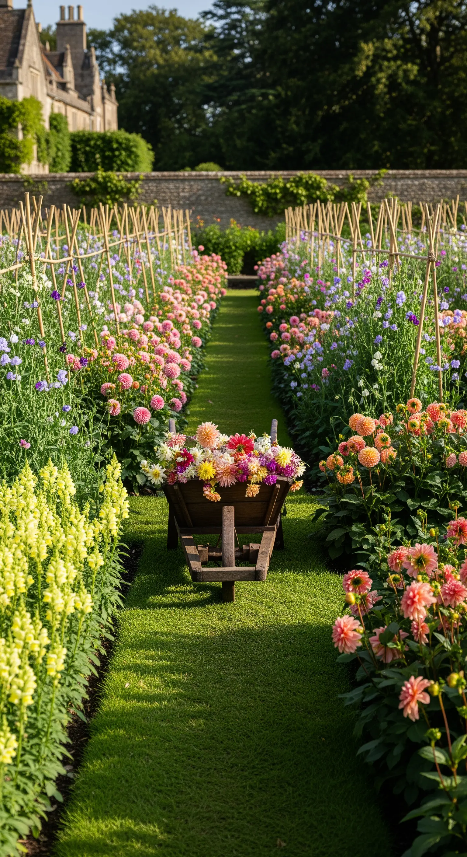 Blumenweg mit Reihen von Dahlien in Pastelltönen und einem Handwagen voller Blumen