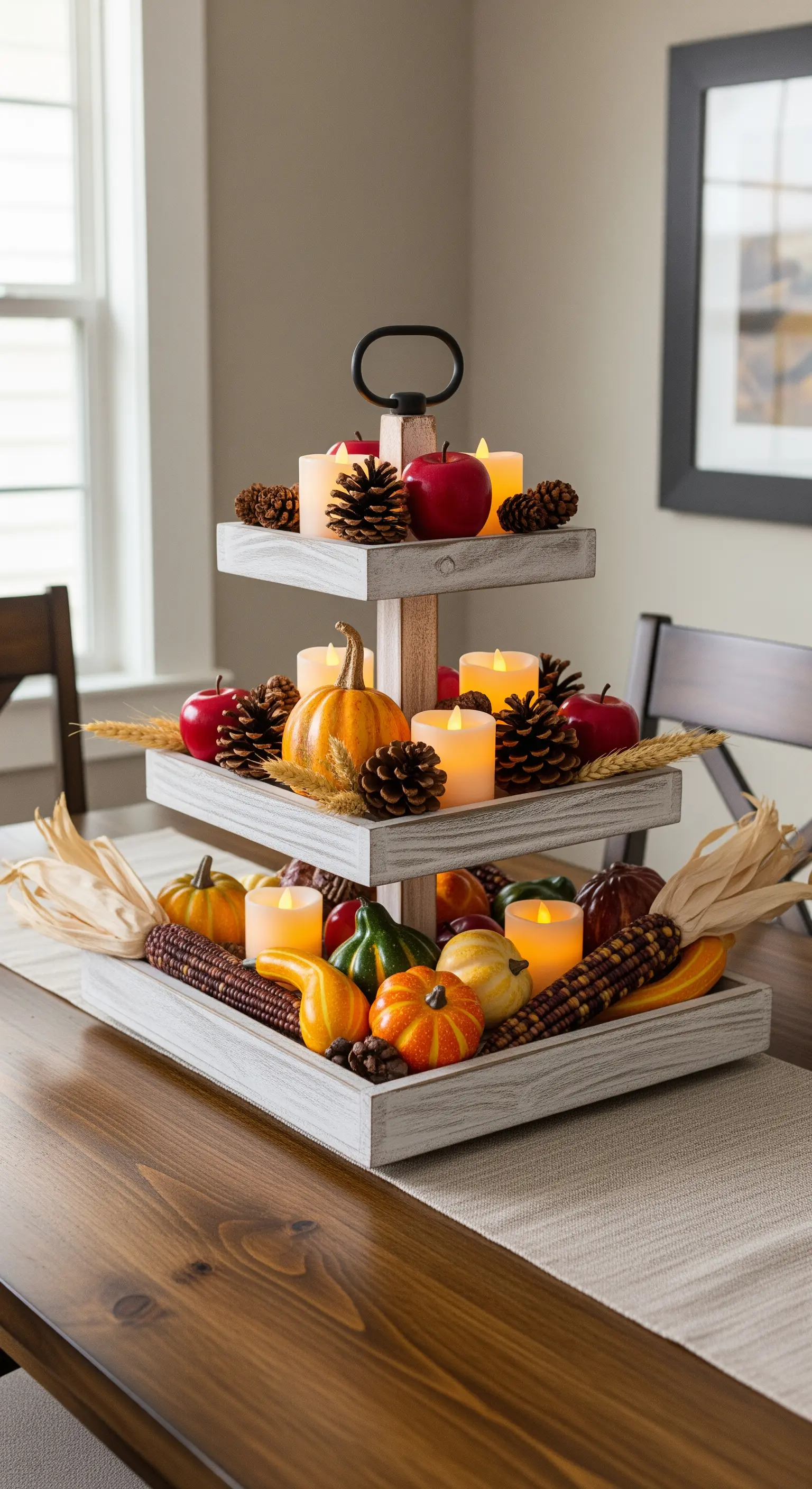 Üppige Erntedank-Etagere mit Kürbissen, Äpfeln, Mais und LED-Kerzen.