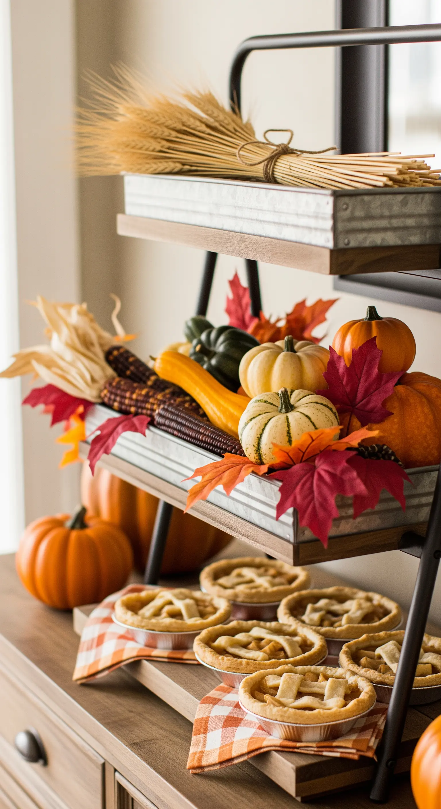 Etagere im Farmhouse-Stil mit Getreide, Kürbissen und kleinen Apfelkuchen