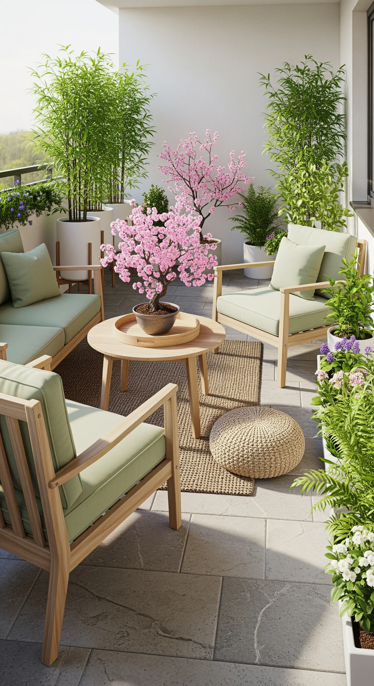 Balkon mit vielfältigen Pflanzen, Kirschblüten-Bonsai und Holzmöbeln