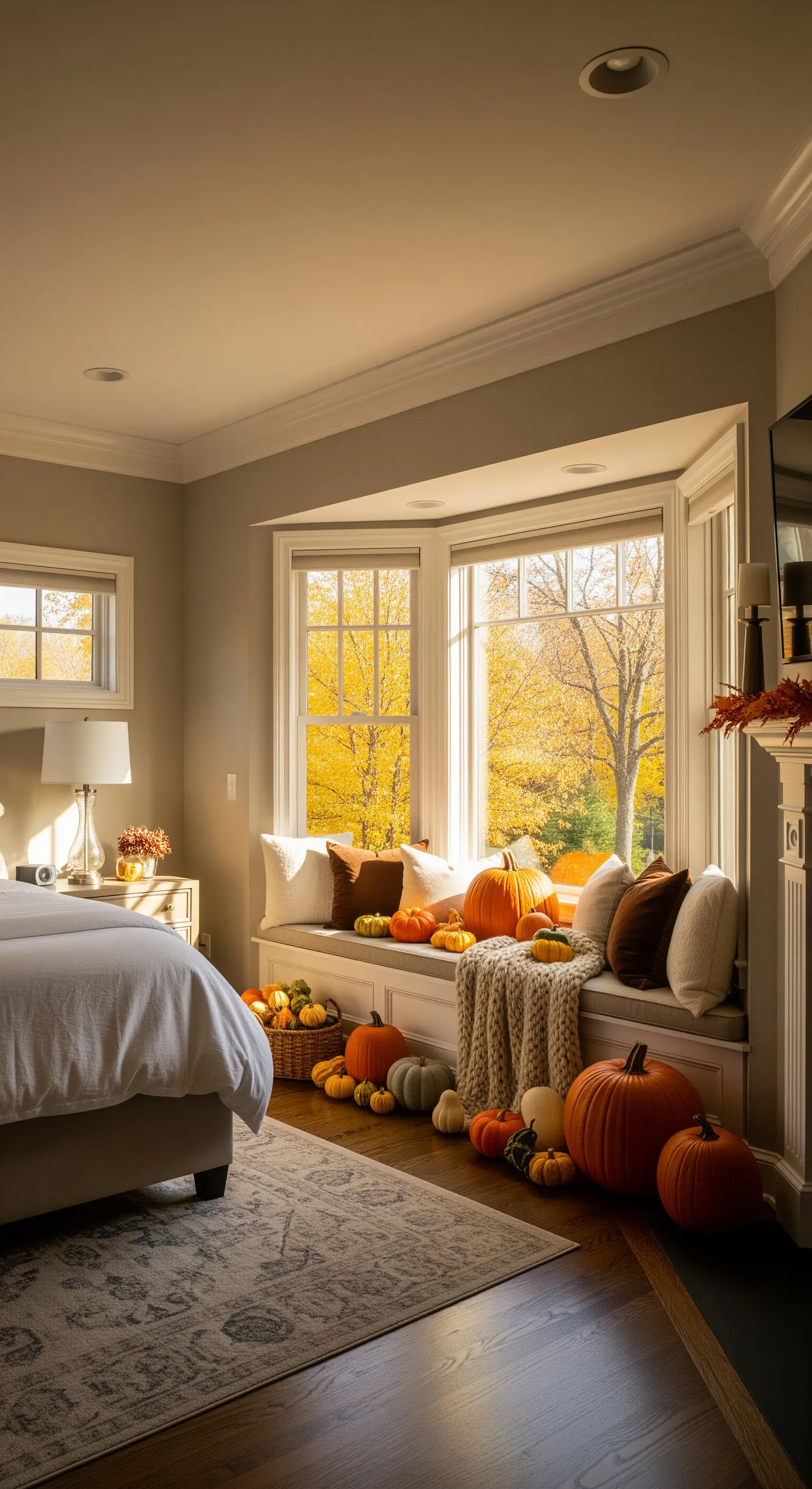 Herbstliche Fensternische mit vielen Kissen, Kürbissen und Herbstlaub-Blick
