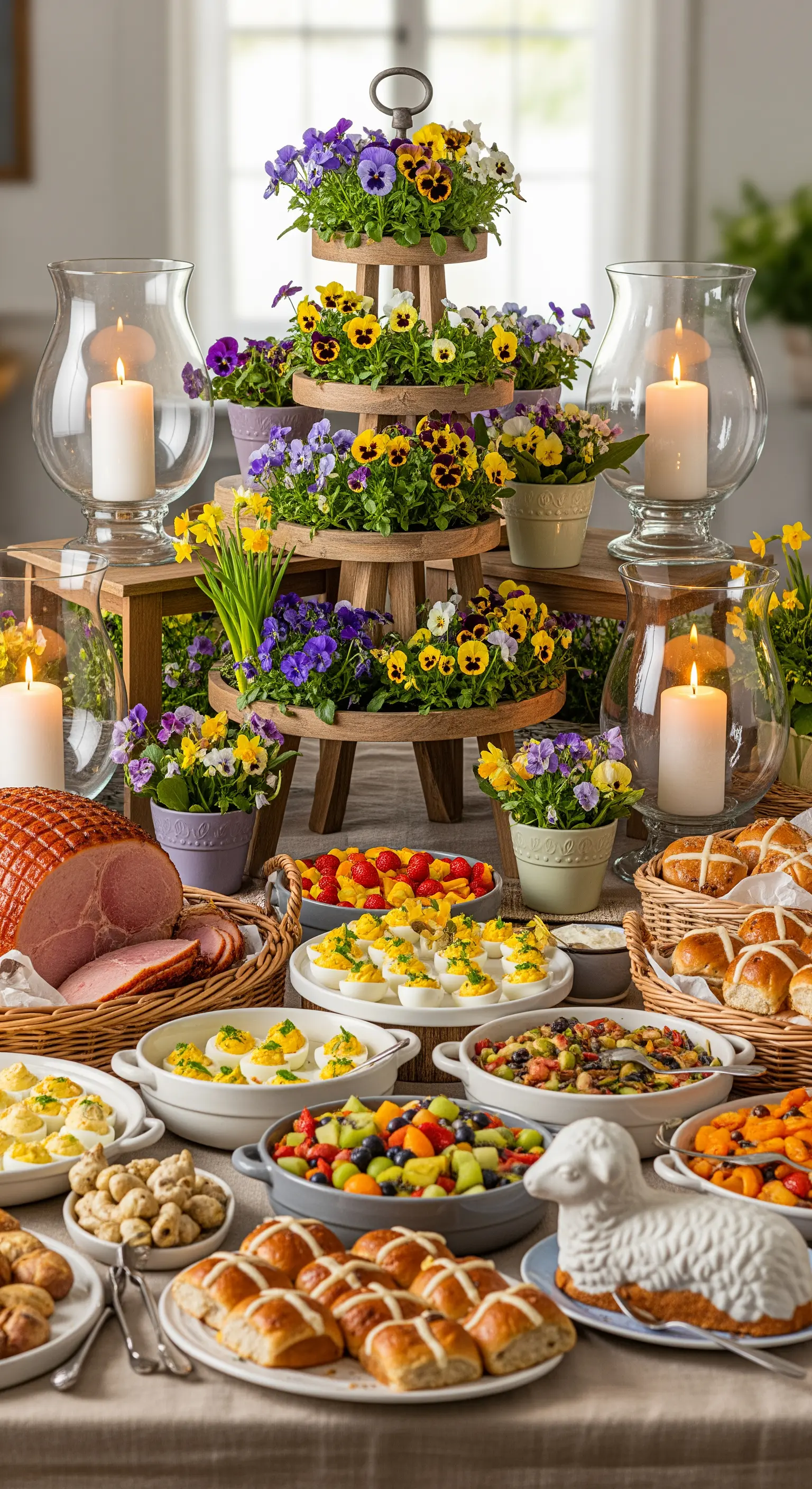 Großes Osterbuffet: Etagere mit Stiefmütterchen, Windlichter und üppige Speisen