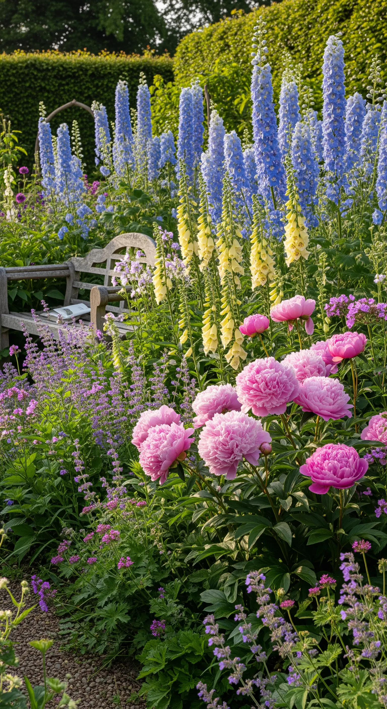 Staudenbeet mit pinken Pfingstrosen, blauen Delphinium und gelben Fingerhüten