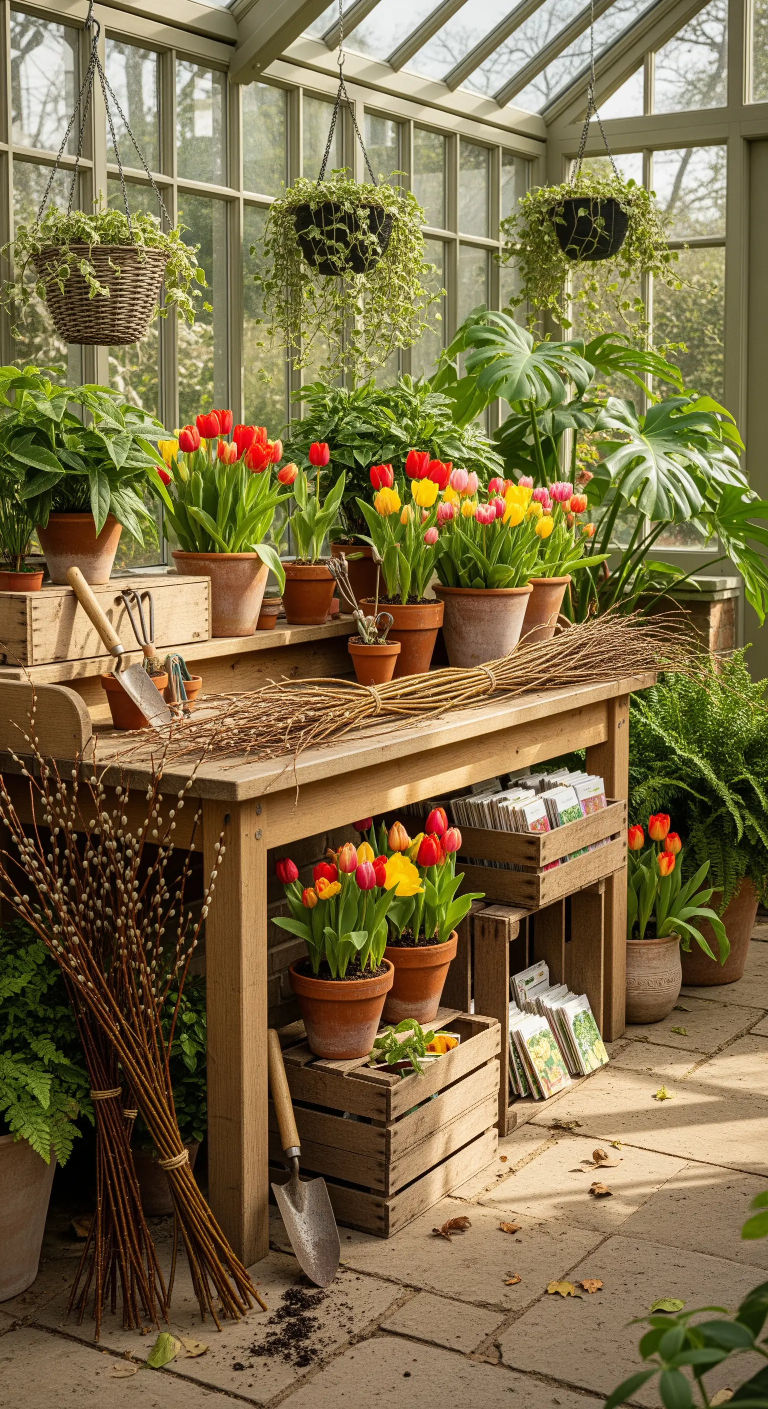 Gewächshaus mit unzähligen Topftulpen und Weidenkätzchen