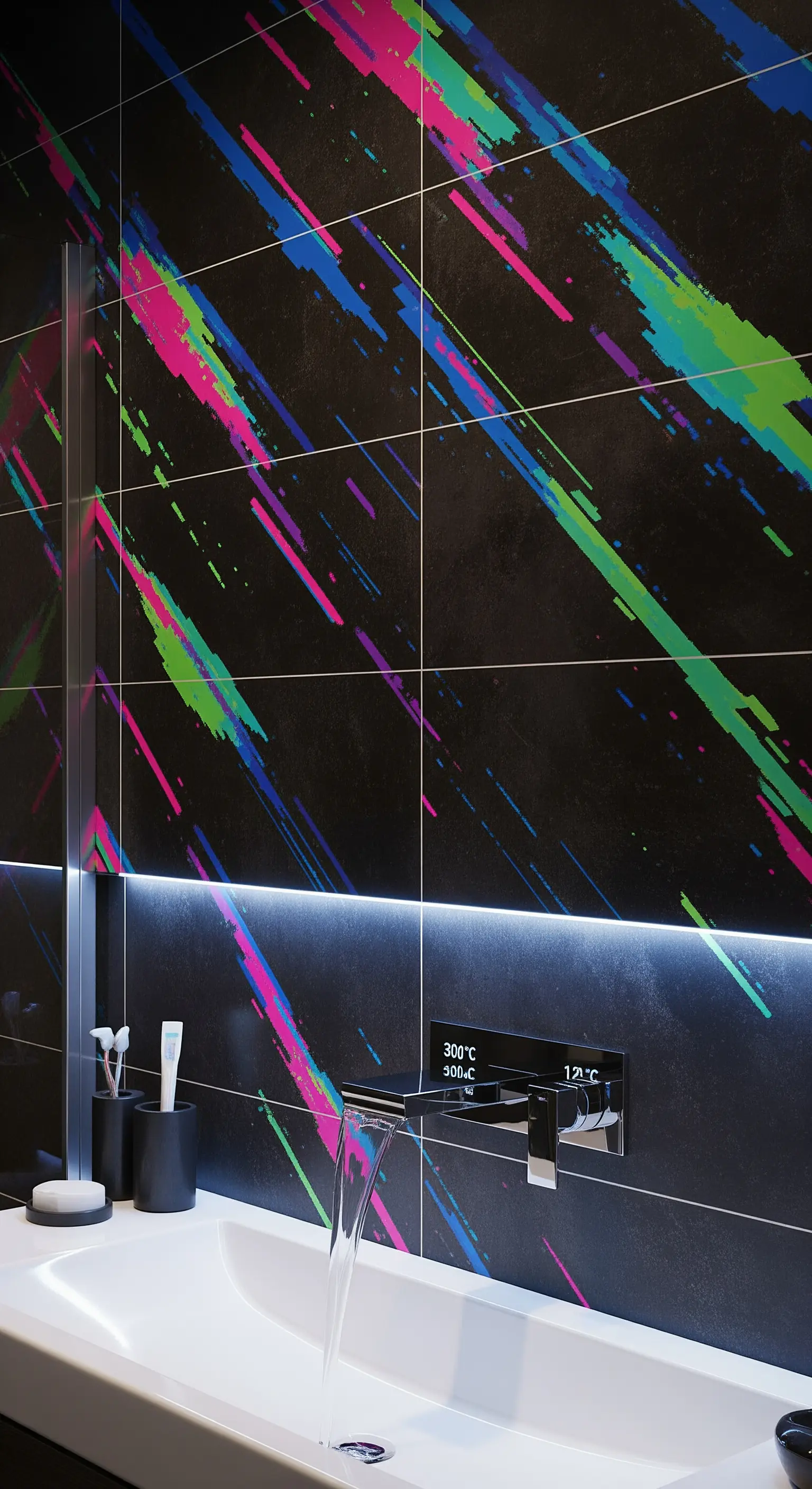 Schwarze Fliesen mit einem abstrakten Muster aus leuchtenden Neonfarben.