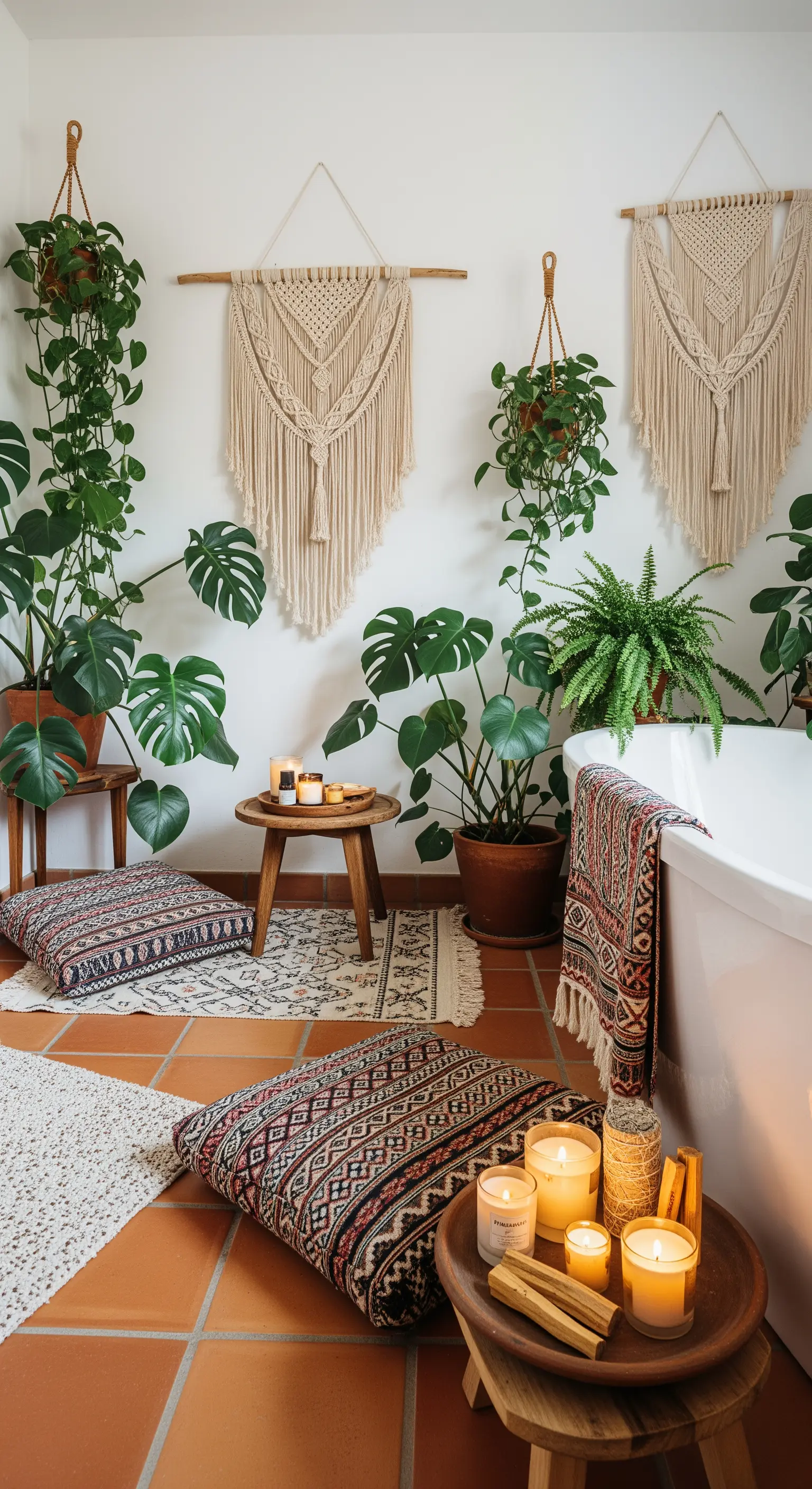Boho-Badezimmer mit vielen Zimmerpflanzen, Makramee und Bodenkissen.