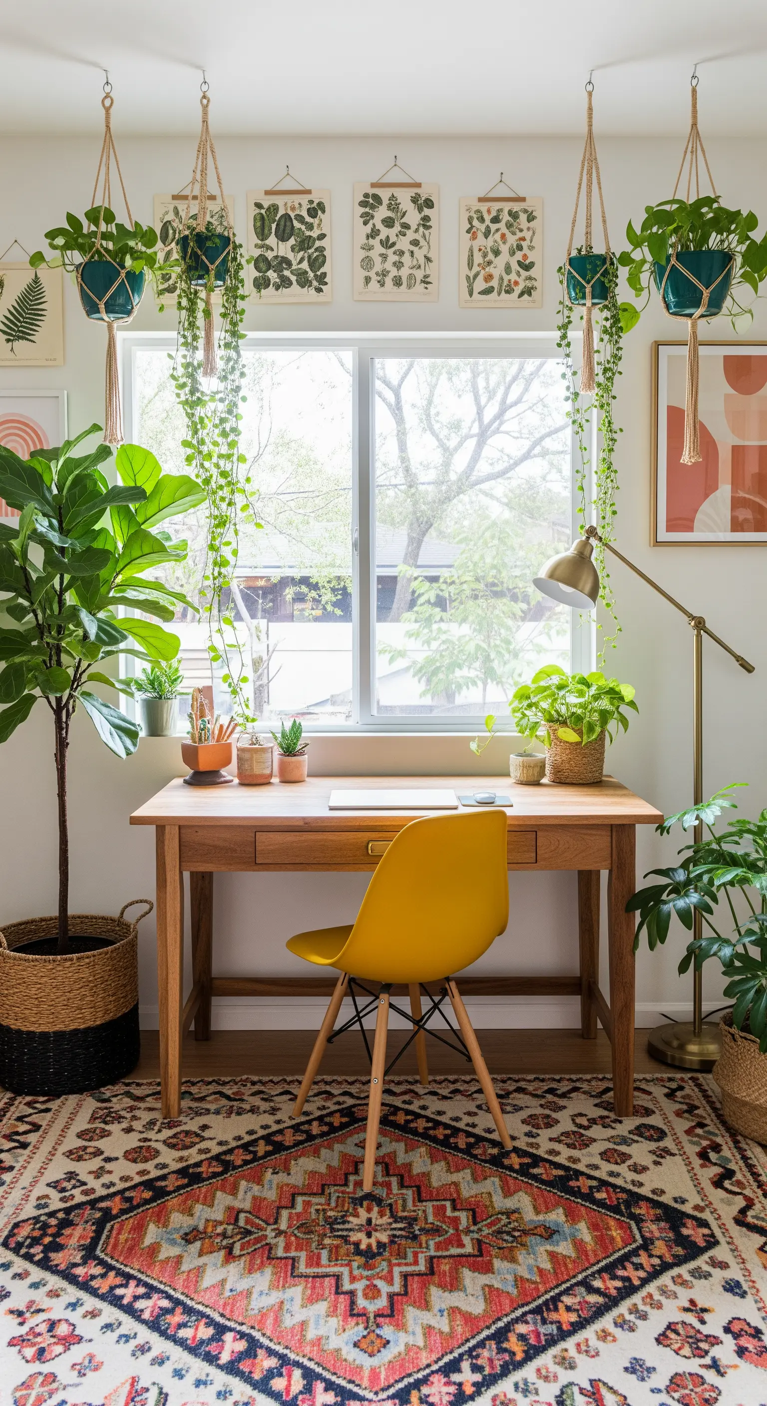 Helles Homeoffice mit vielen Hängepflanzen, botanischen Postern und einem gelben Stuhl.