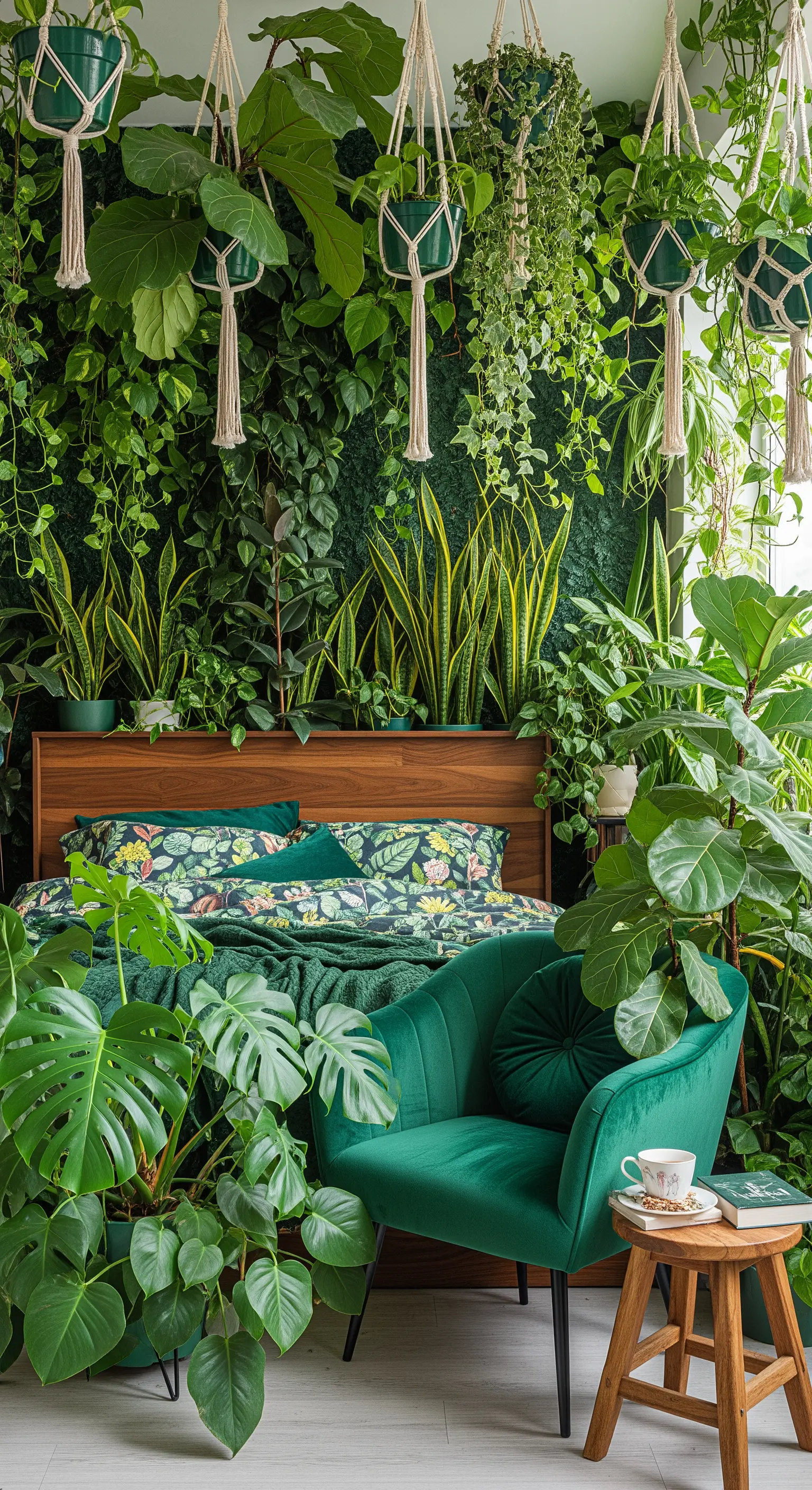 Üppig grüne Leseecke in einem Schlafzimmer, umgeben von unzähligen Pflanzen.
