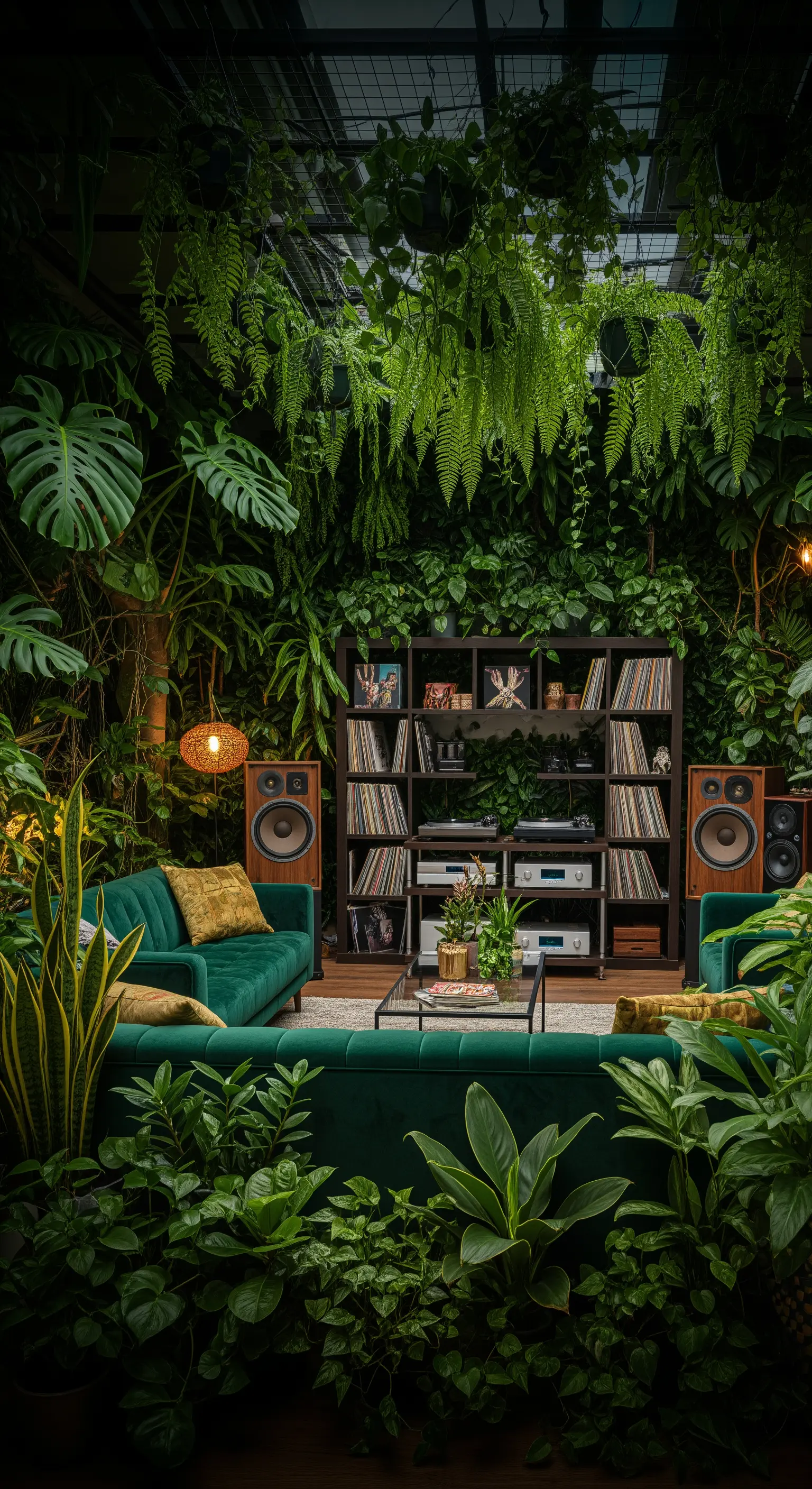 Üppig bepflanztes Wohnzimmer mit grünen Samtsofas und einer Vinyl-Sammlung