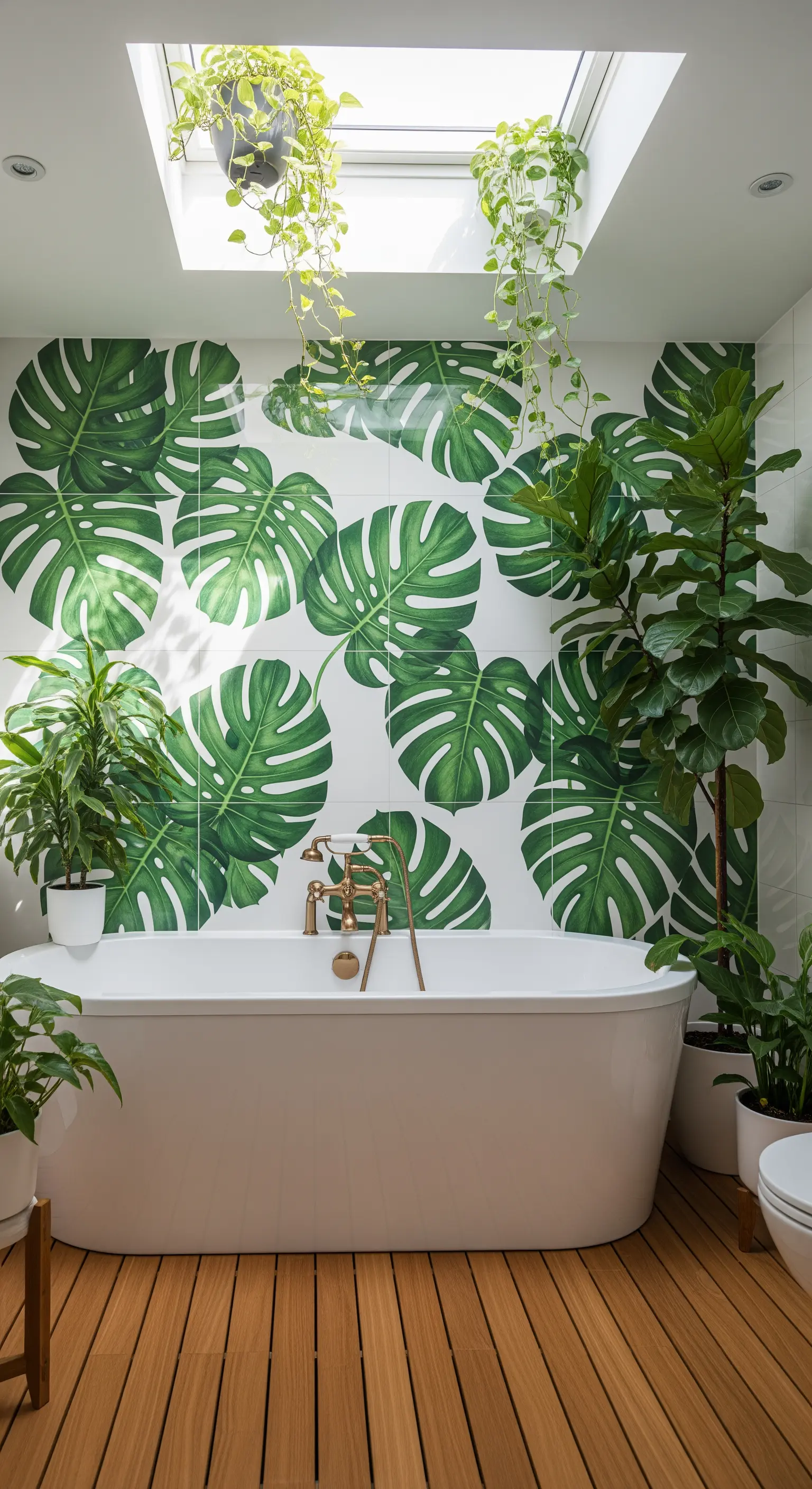 Badezimmer mit großen Fliesen im Monstera-Blatt-Design und echten Pflanzen.