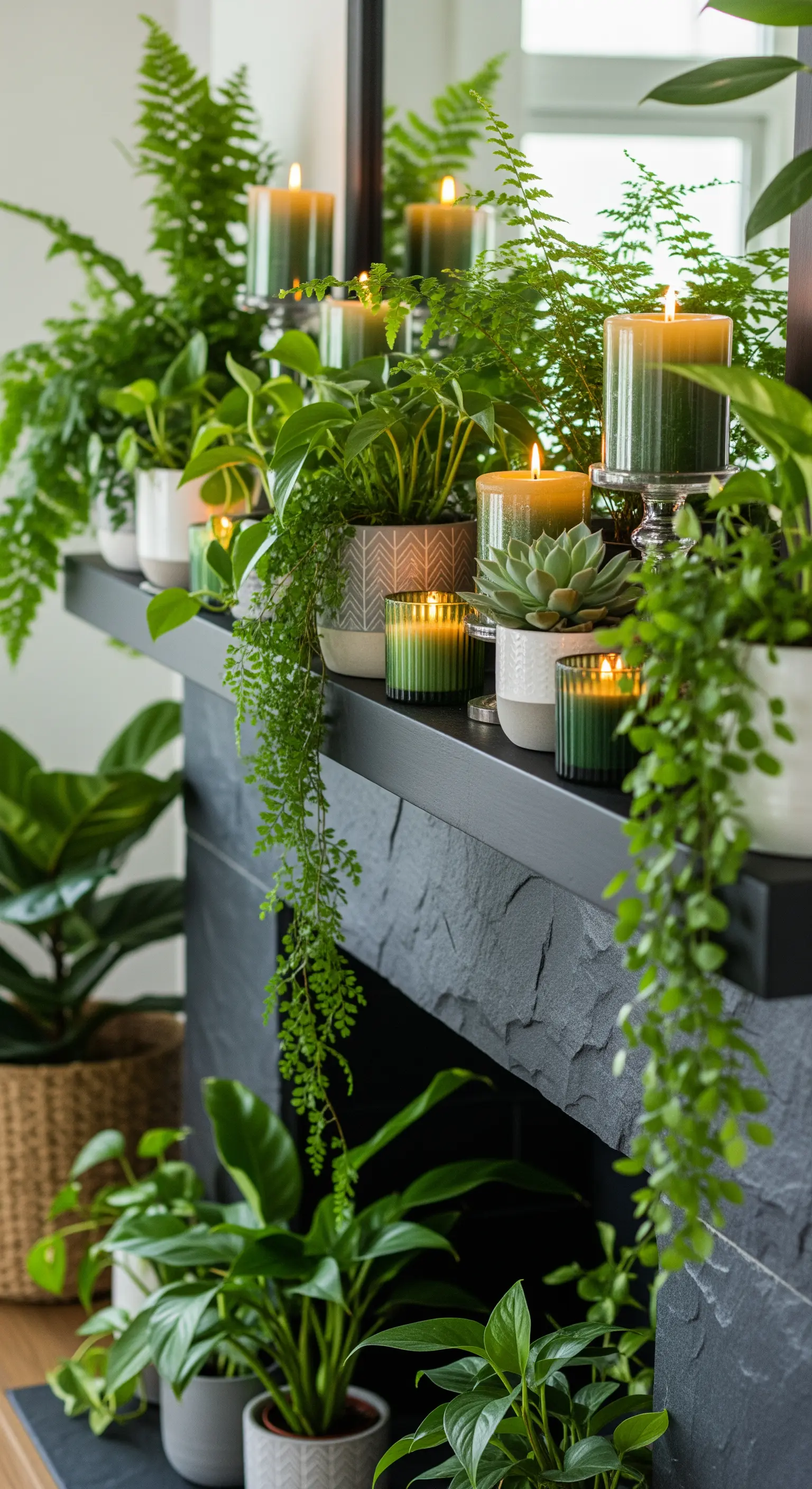 Üppige grüne Kamin Deko mit vielen Zimmerpflanzen und grünen Kerzen.