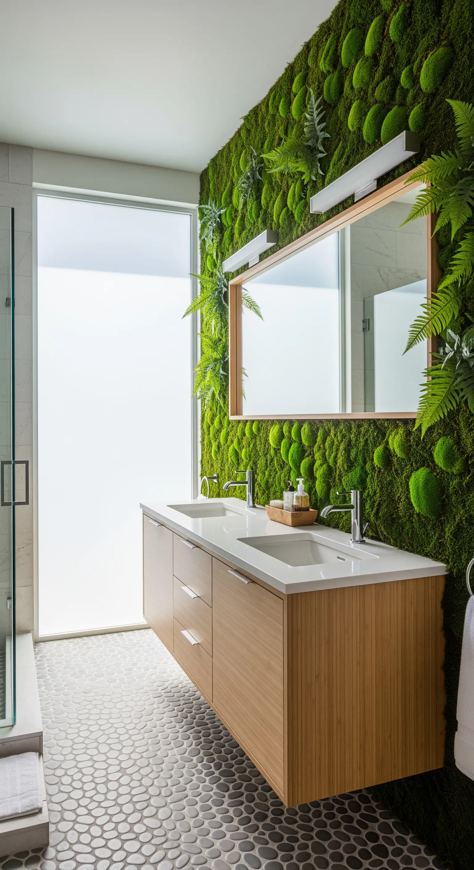 Badezimmer mit einer grünen Mooswand, Holzwaschtisch und Kieselsteinboden.