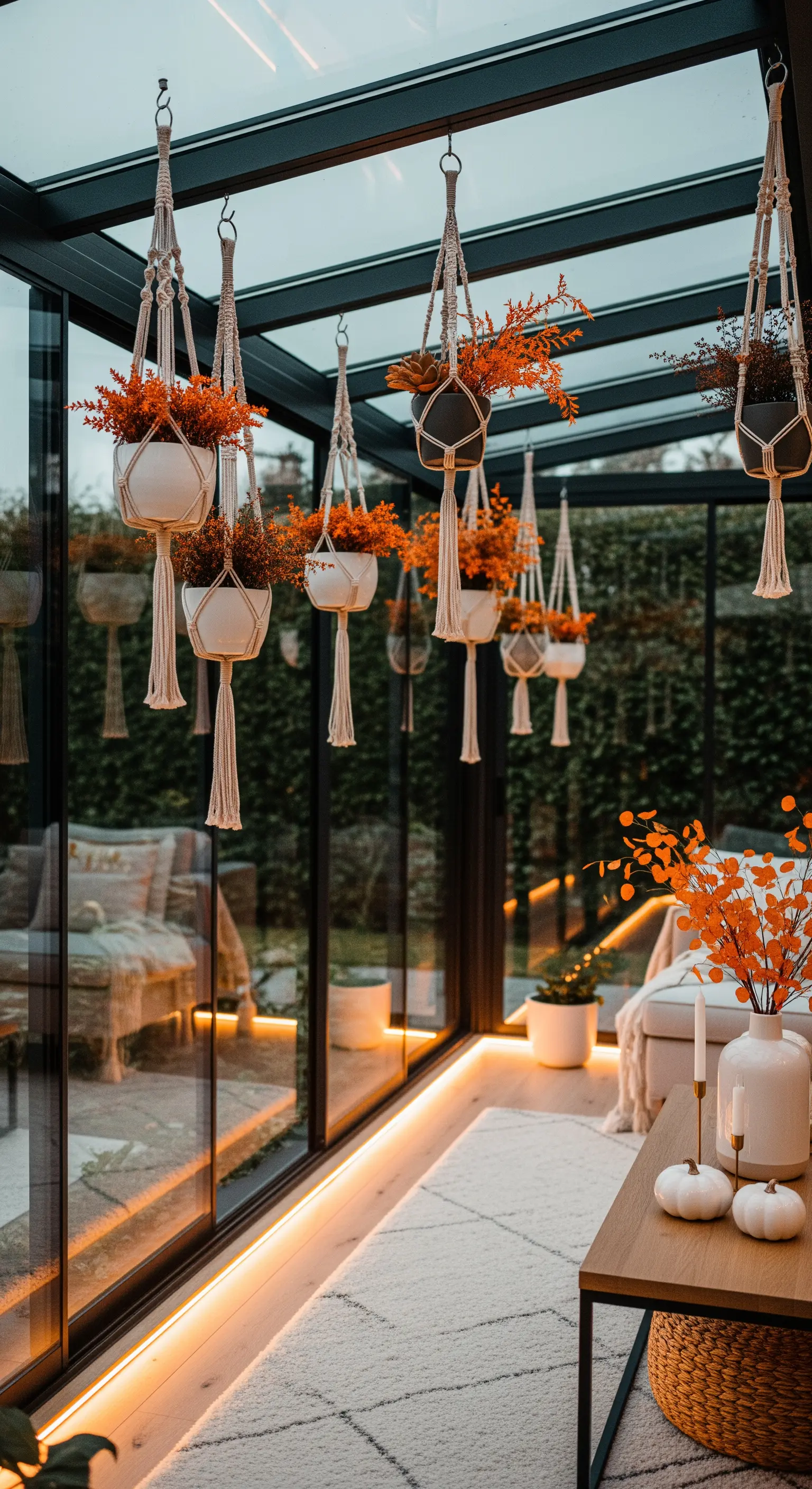 Glasanbau mit hängenden Makramee-Pflanzen und orangefarbenen Herbstzweigen