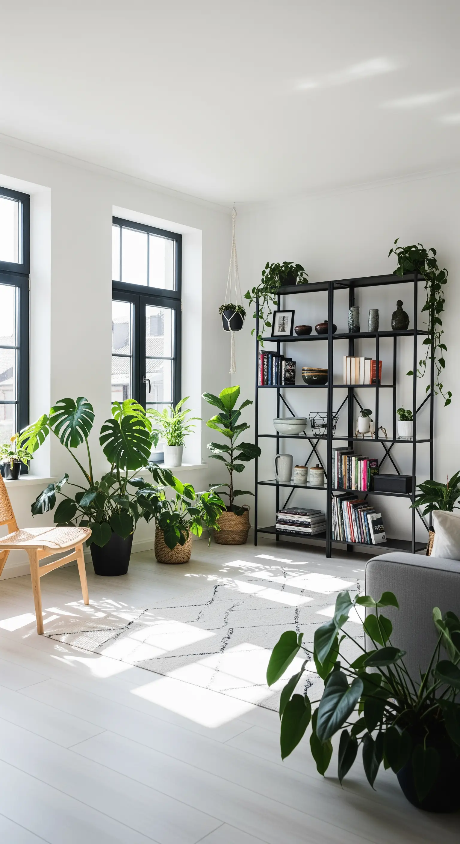 Wohnzimmer mit vielen Grünpflanzen, schwarzem Regal und hellem Teppich