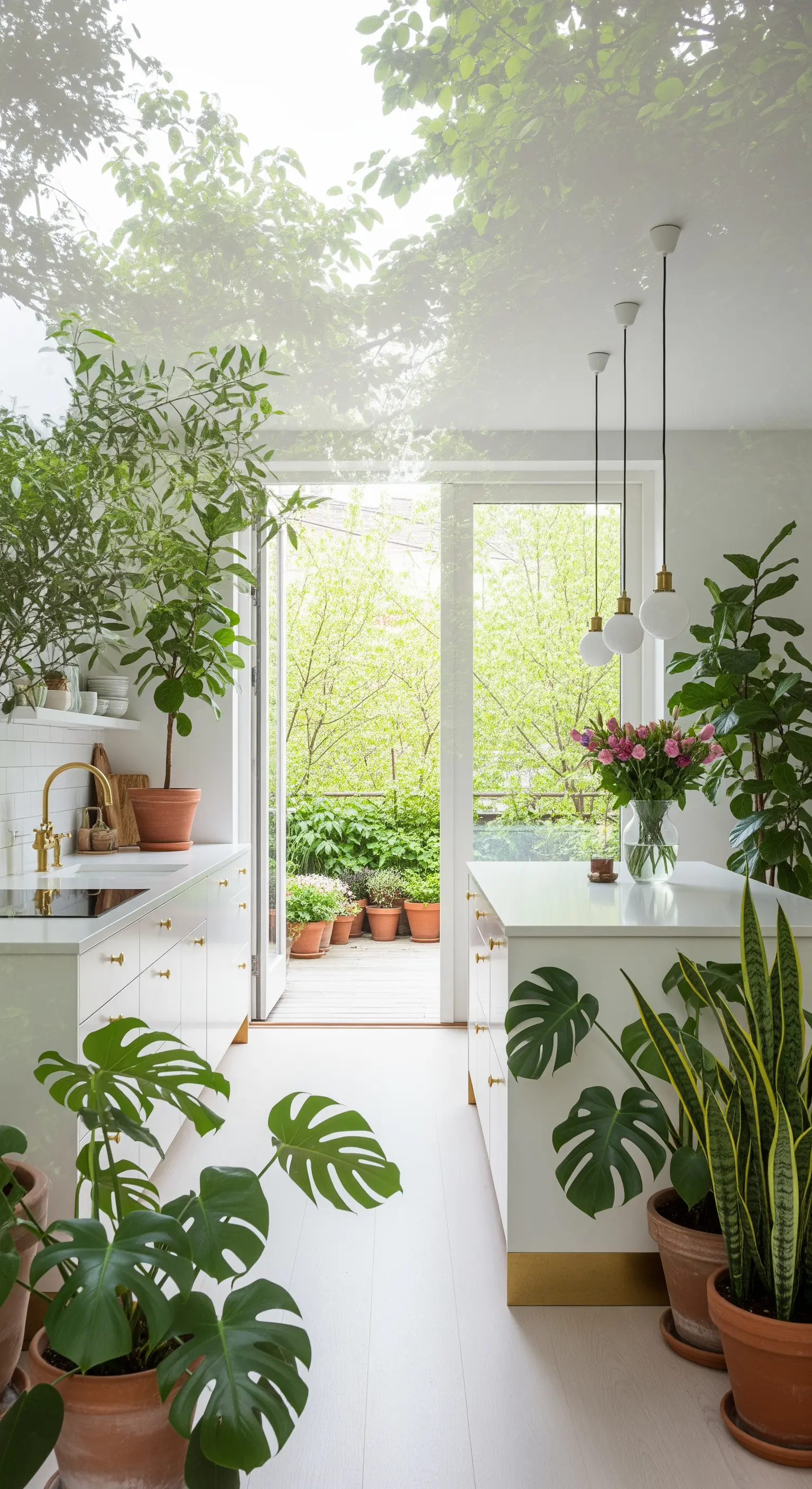 Weiße Küche mit vielen Grünpflanzen in Terrakotta-Töpfen und Blick in den Garten