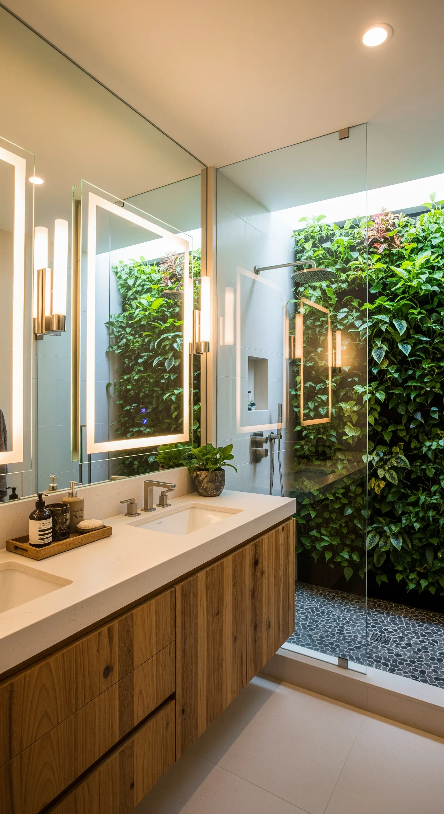 Badezimmer mit einer grünen Pflanzenwand in der Dusche, die sich in einer großen Spiegelwand spiegelt.