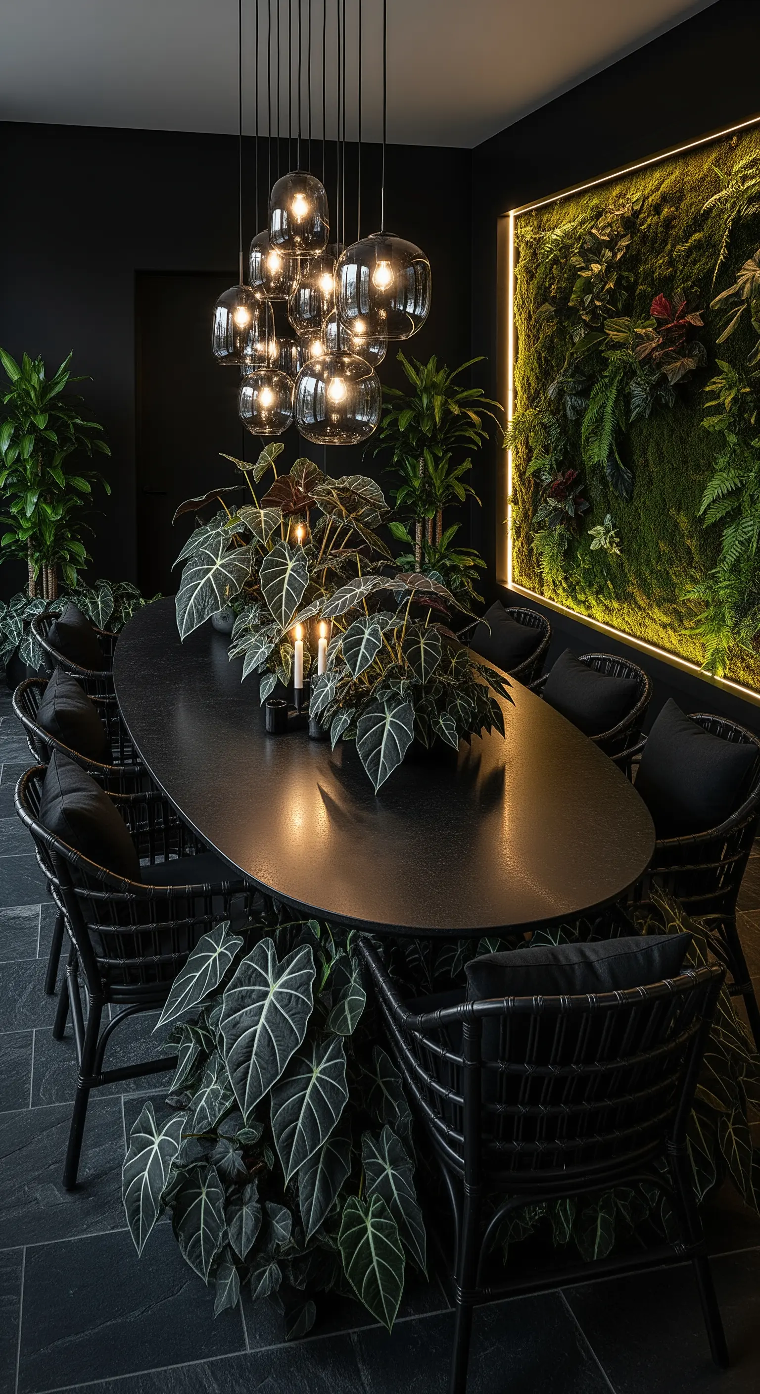 Schwarzer Esstisch umgeben von üppigen Zimmerpflanzen und Glas-Pendelleuchten.