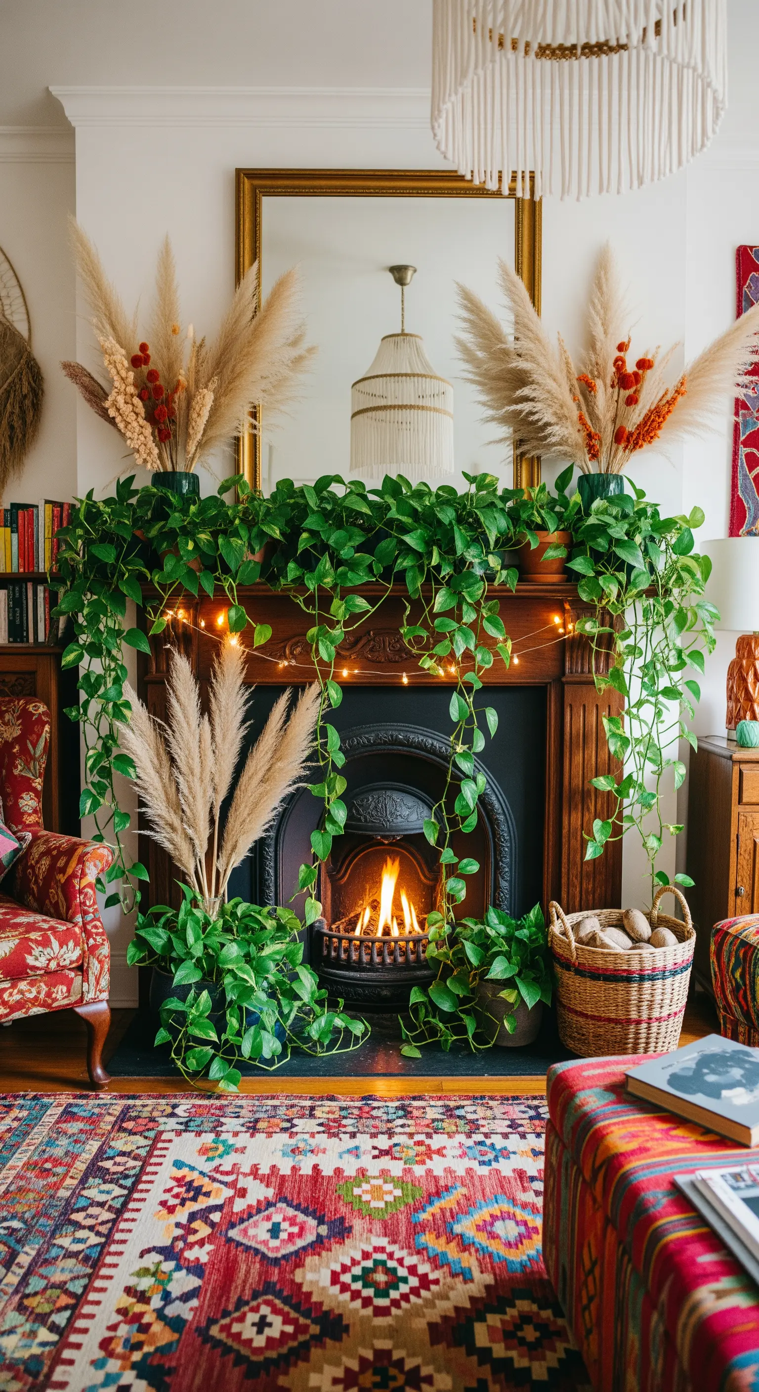 Kamin mit Efeututen-Ranken und Pampasgras gemischt