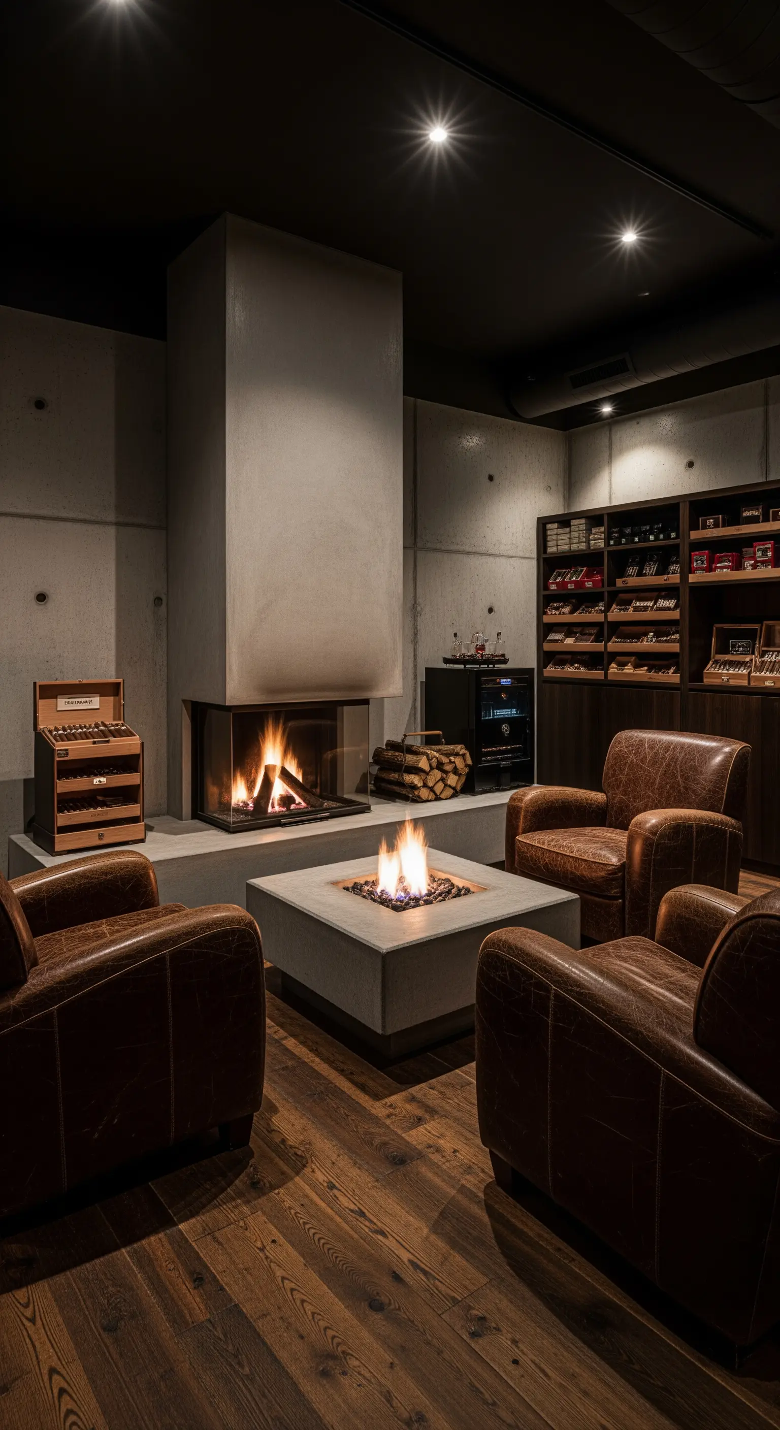 Moderne Zigarrenlounge mit Betonwänden, Ledersesseln und einer zentralen Feuerstelle.