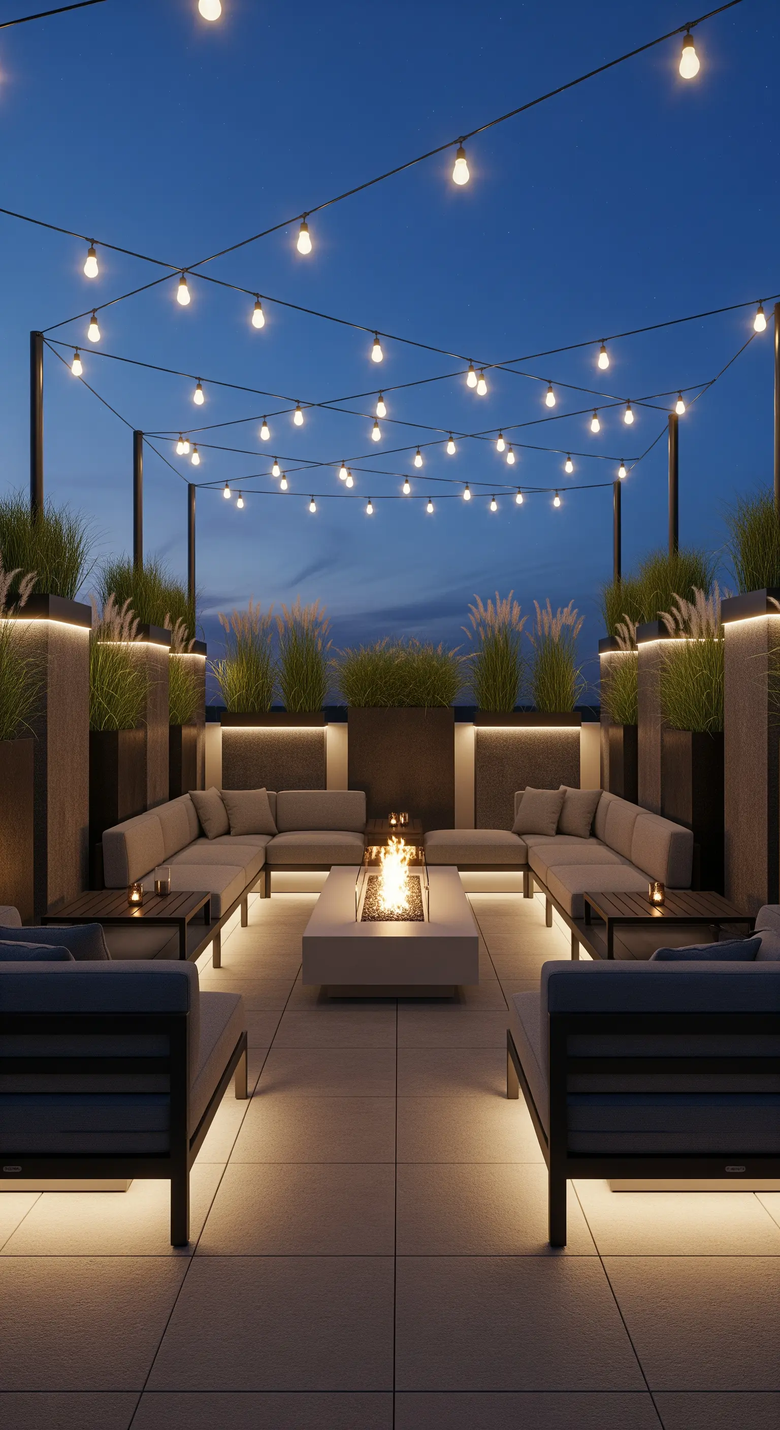 Moderne Dachterrasse mit Lounge-Möbeln, Feuerstelle und Lichterketten bei Nacht