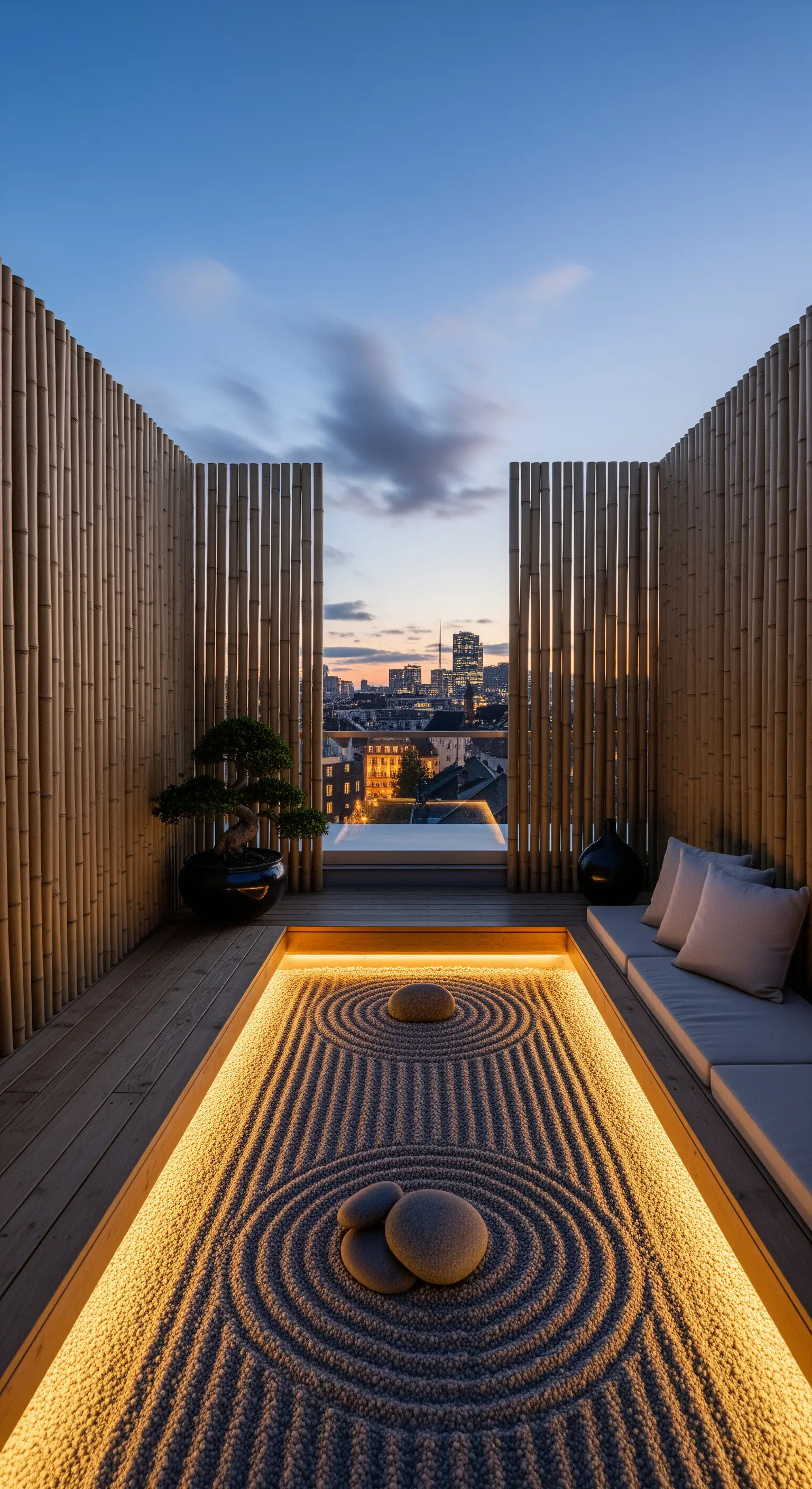 Dachterrasse mit versenktem Zen-Garten, Bambuswänden und Skyline-Blick
