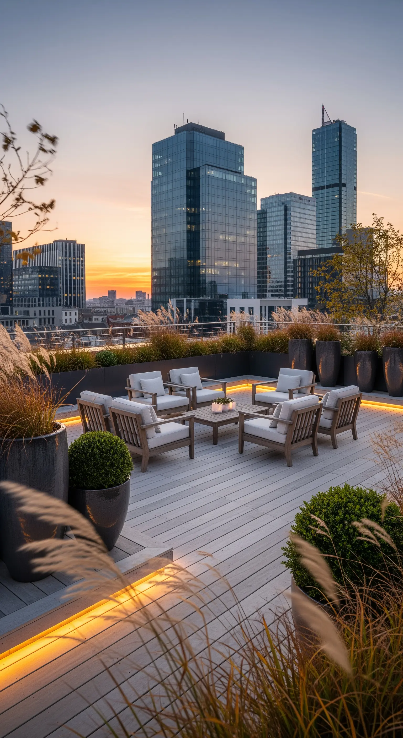 Dachterrasse mit Japandi-Lounge, Ziergräsern und Stadtblick