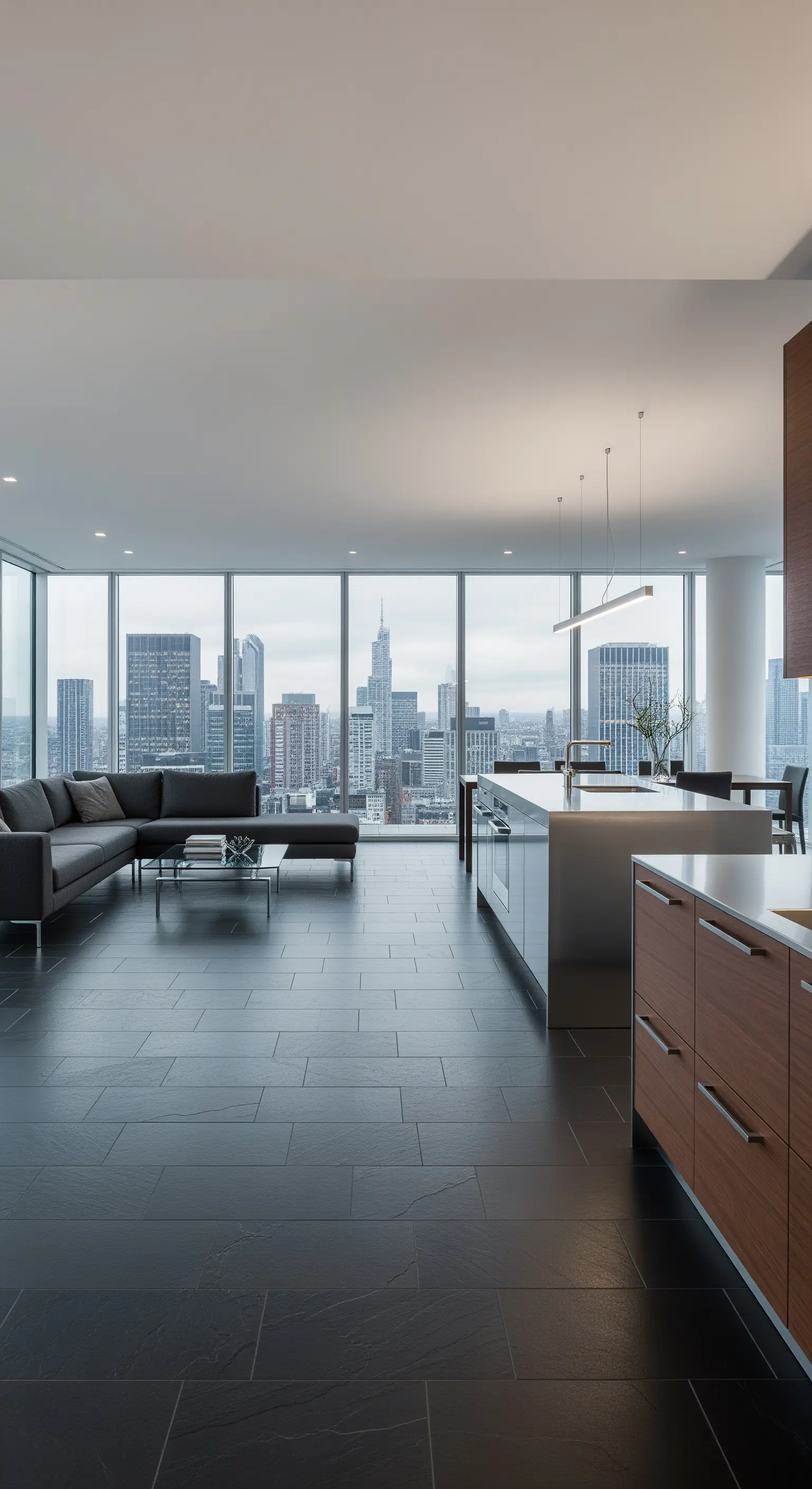 Moderne Wohnküche mit dunklem Boden und bodentiefen Fenstern mit Blick auf eine Skyline.