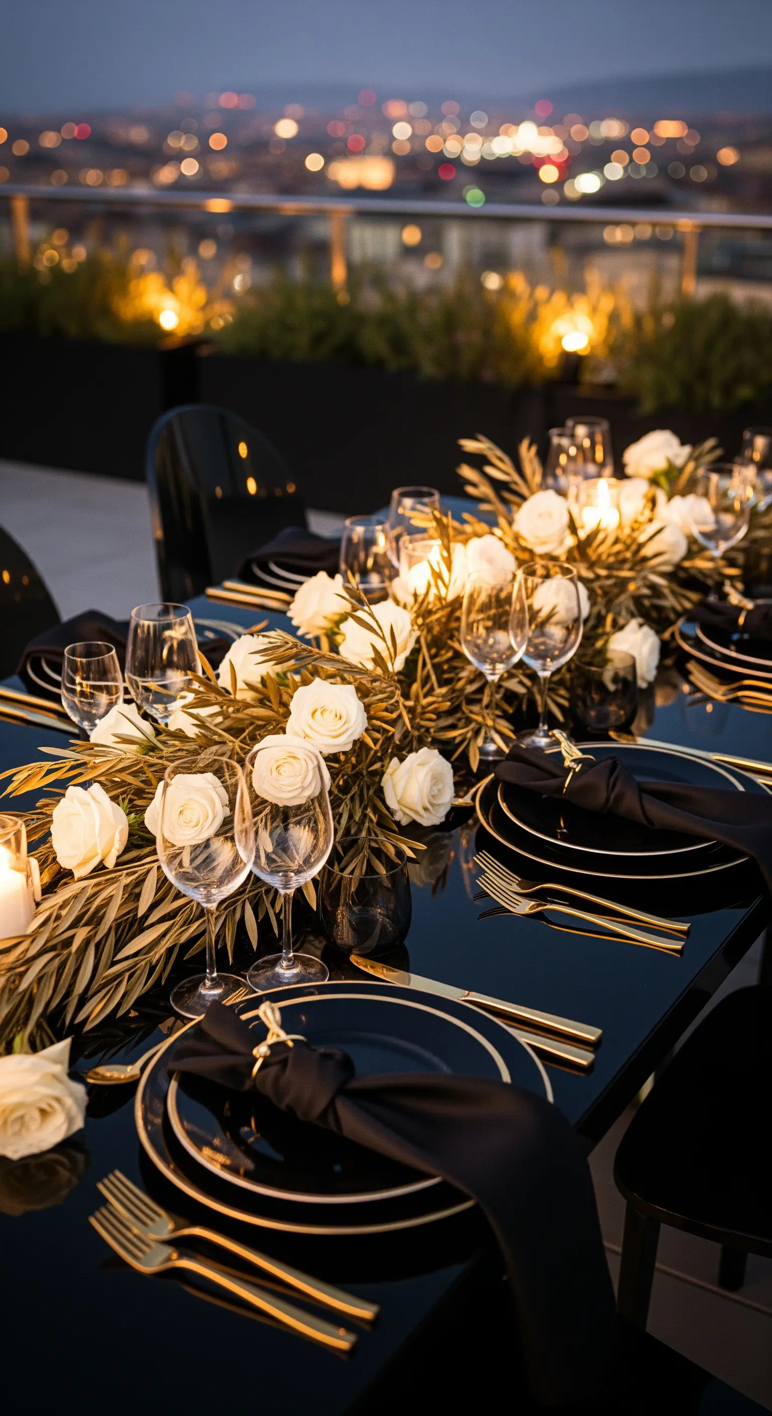 Schwarze Hochglanz-Tafel mit weißen Rosen, goldbesprühten Zweigen und Goldbesteck